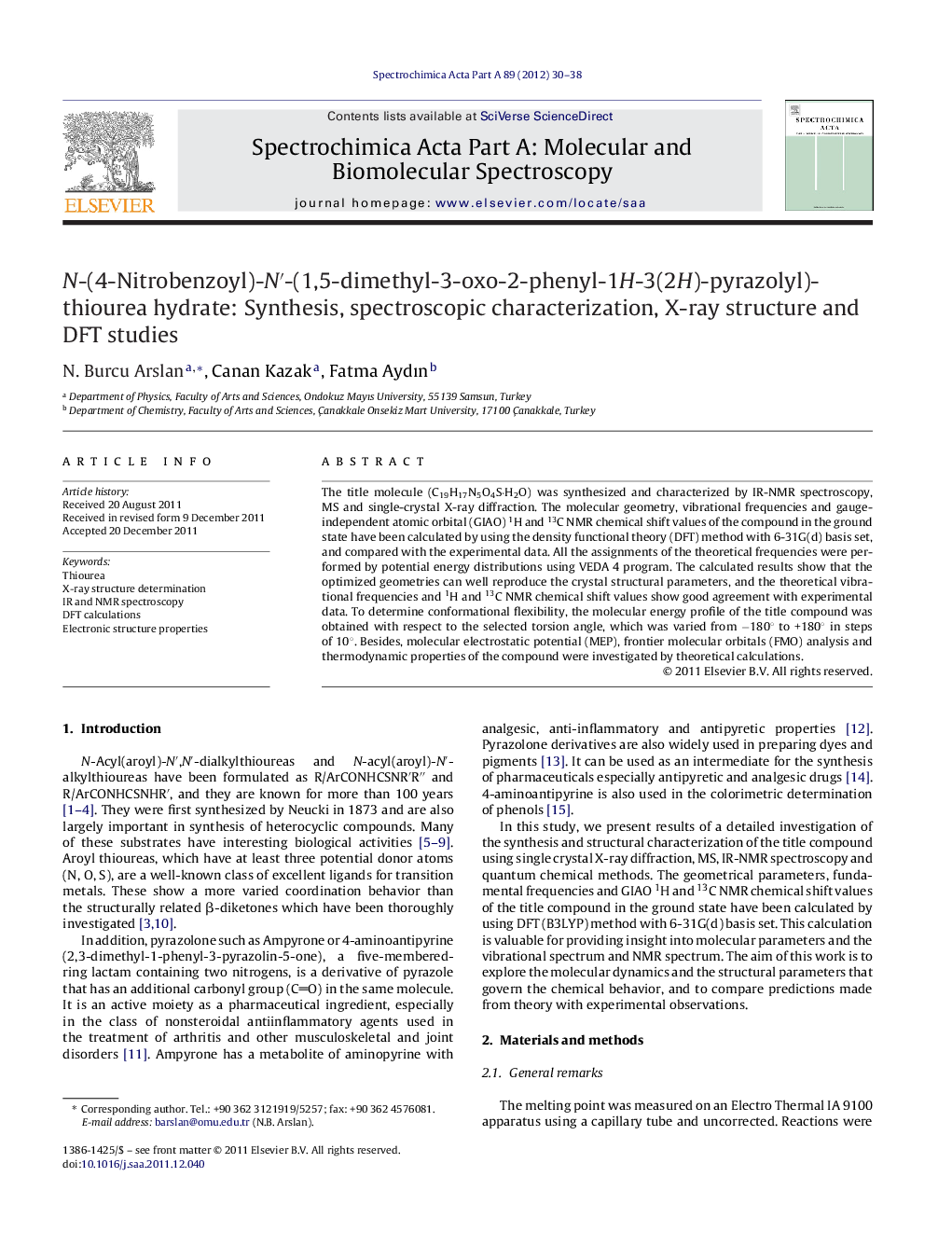 N-(4-Nitrobenzoyl)-N′-(1,5-dimethyl-3-oxo-2-phenyl-1H-3(2H)-pyrazolyl)-thiourea hydrate: Synthesis, spectroscopic characterization, X-ray structure and DFT studies
