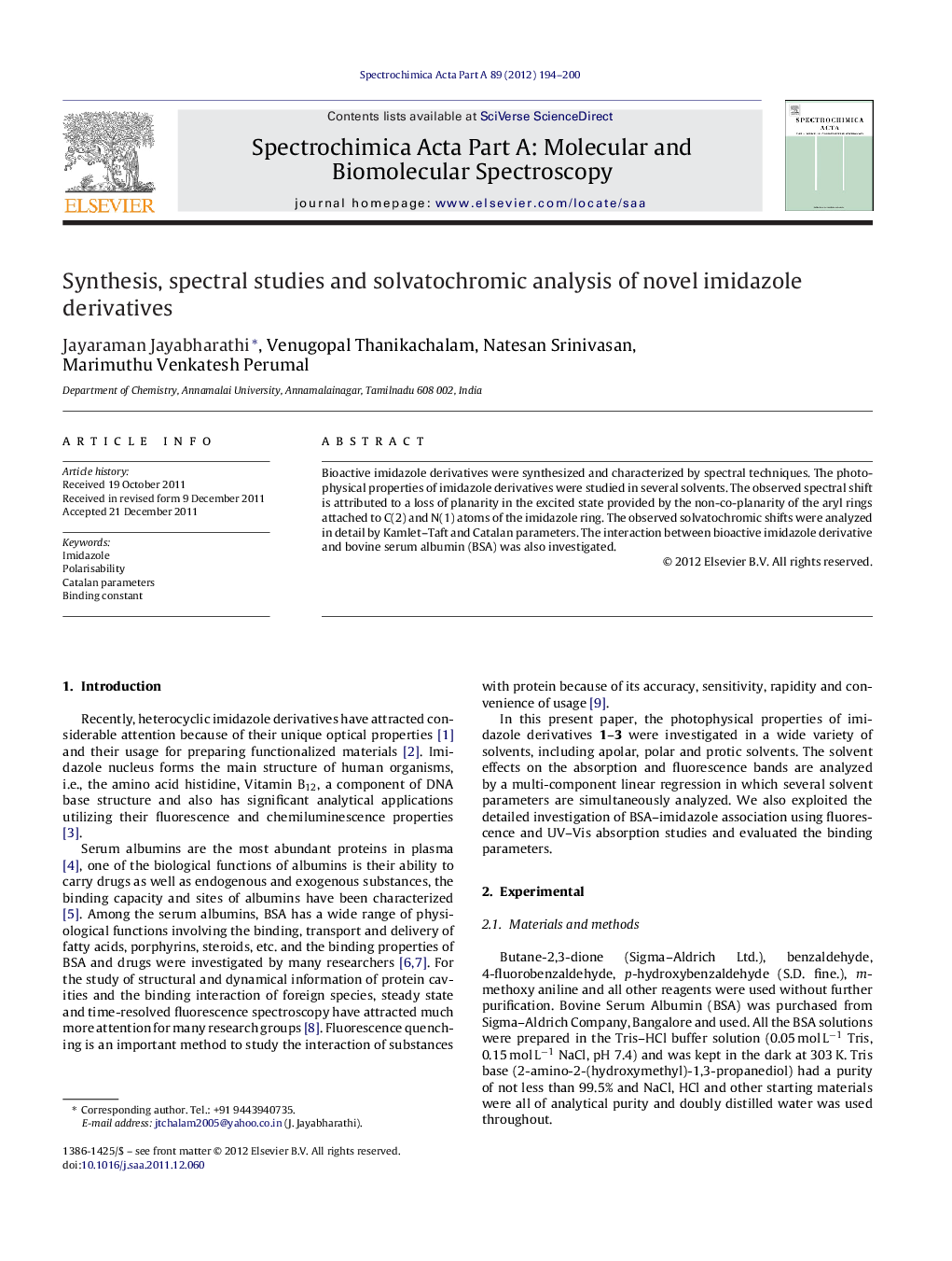 Synthesis, spectral studies and solvatochromic analysis of novel imidazole derivatives