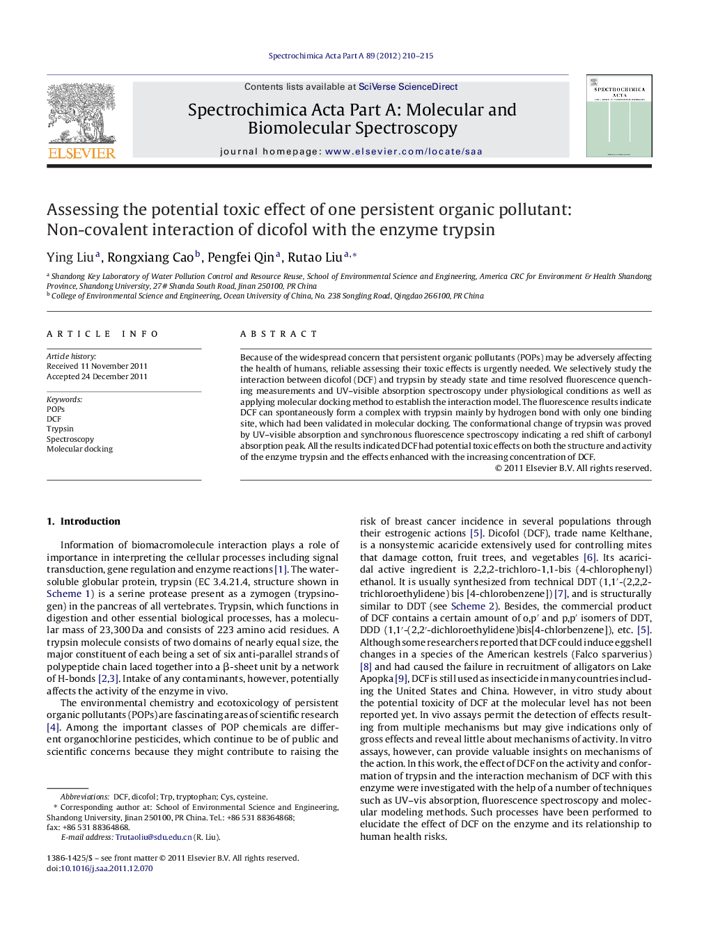 Assessing the potential toxic effect of one persistent organic pollutant: Non-covalent interaction of dicofol with the enzyme trypsin