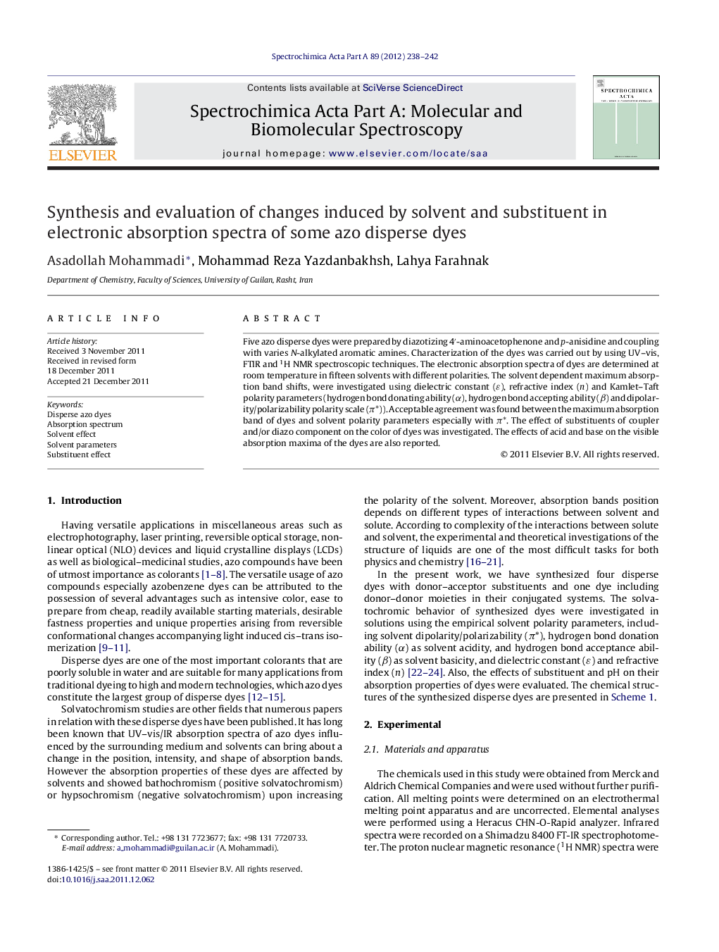 Synthesis and evaluation of changes induced by solvent and substituent in electronic absorption spectra of some azo disperse dyes