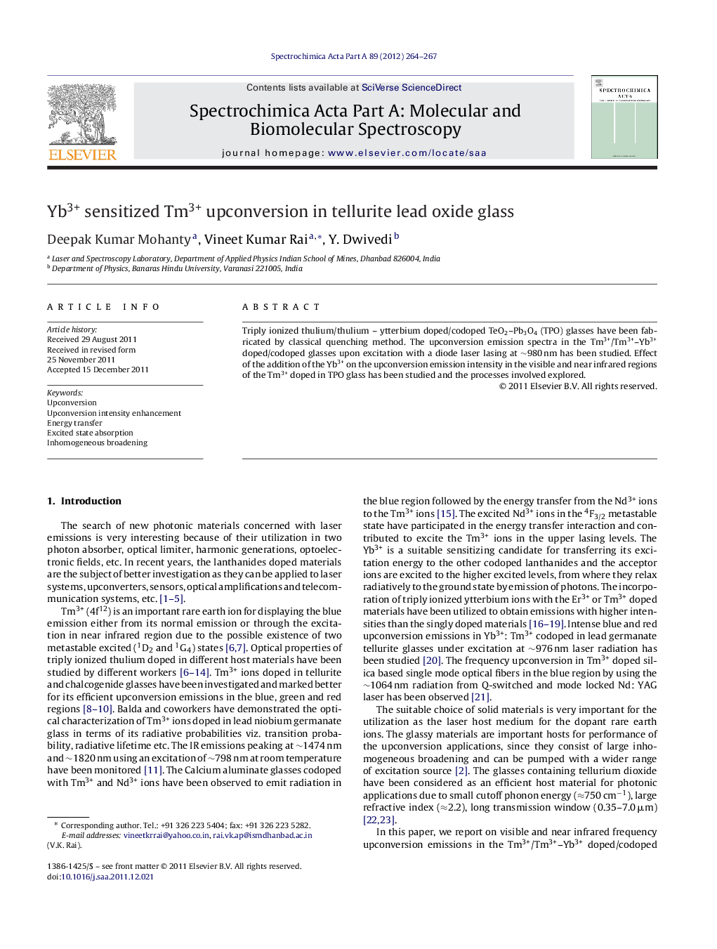 Yb3+ sensitized Tm3+ upconversion in tellurite lead oxide glass