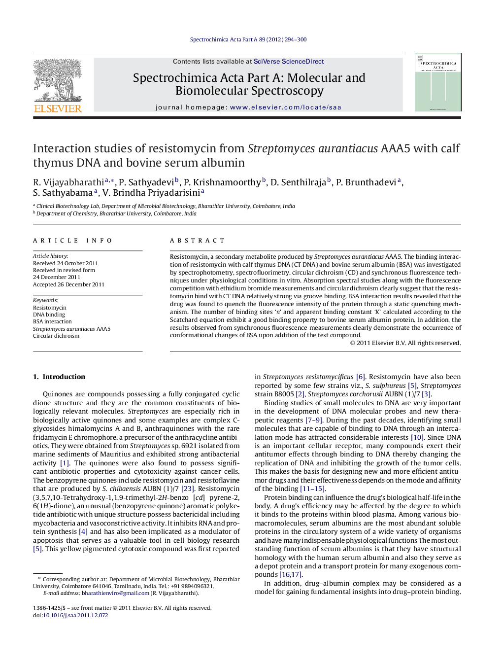 Interaction studies of resistomycin from Streptomyces aurantiacus AAA5 with calf thymus DNA and bovine serum albumin