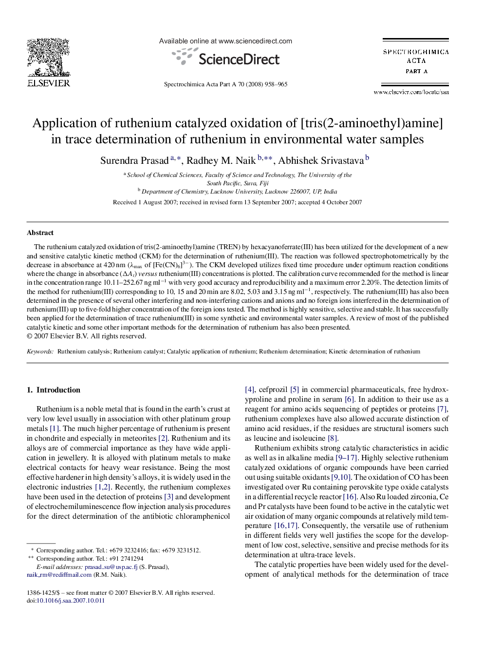 Application of ruthenium catalyzed oxidation of [tris(2-aminoethyl)amine] in trace determination of ruthenium in environmental water samples