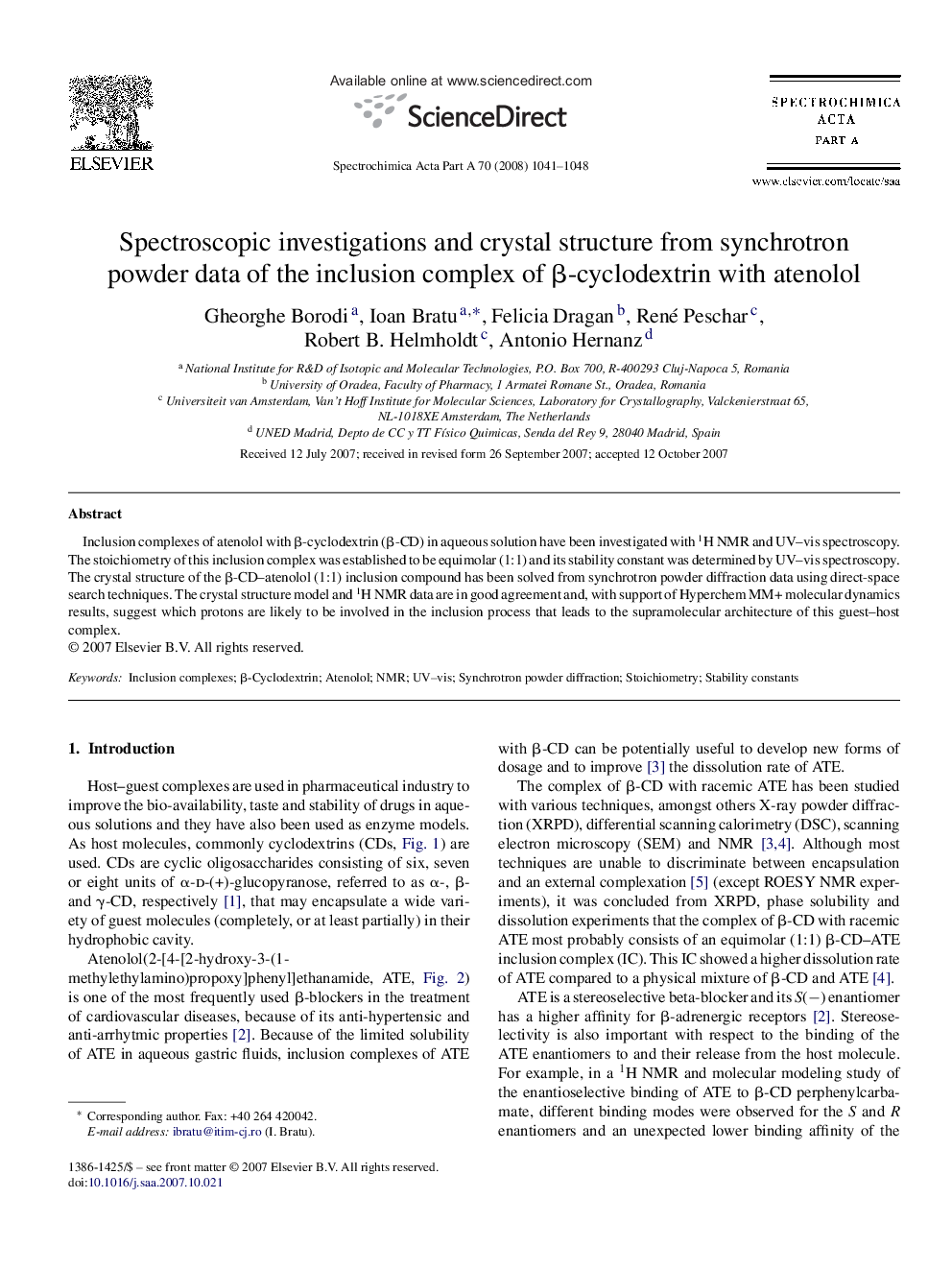 Spectroscopic investigations and crystal structure from synchrotron powder data of the inclusion complex of β-cyclodextrin with atenolol