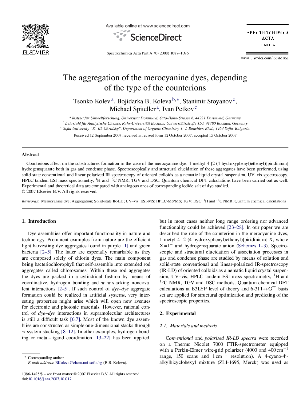 The aggregation of the merocyanine dyes, depending of the type of the counterions