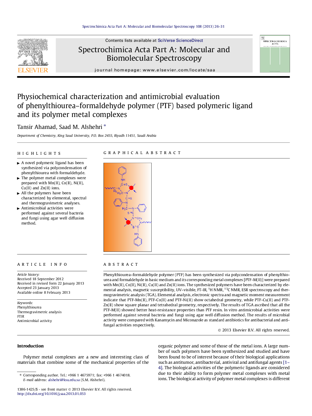 Physiochemical characterization and antimicrobial evaluation of phenylthiourea–formaldehyde polymer (PTF) based polymeric ligand and its polymer metal complexes