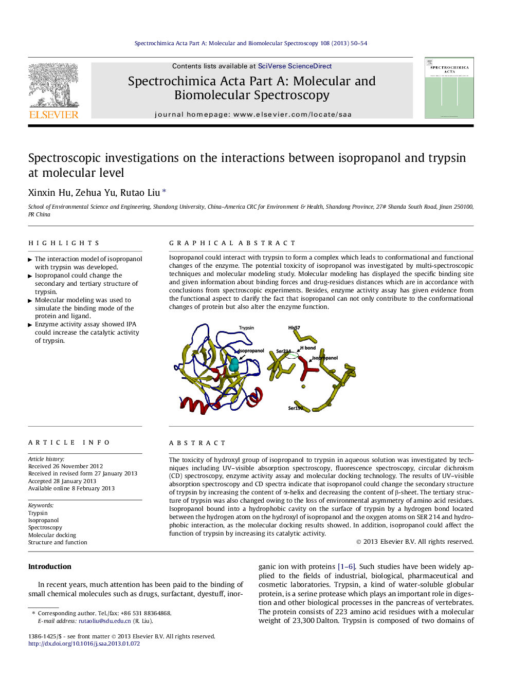 Spectroscopic investigations on the interactions between isopropanol and trypsin at molecular level