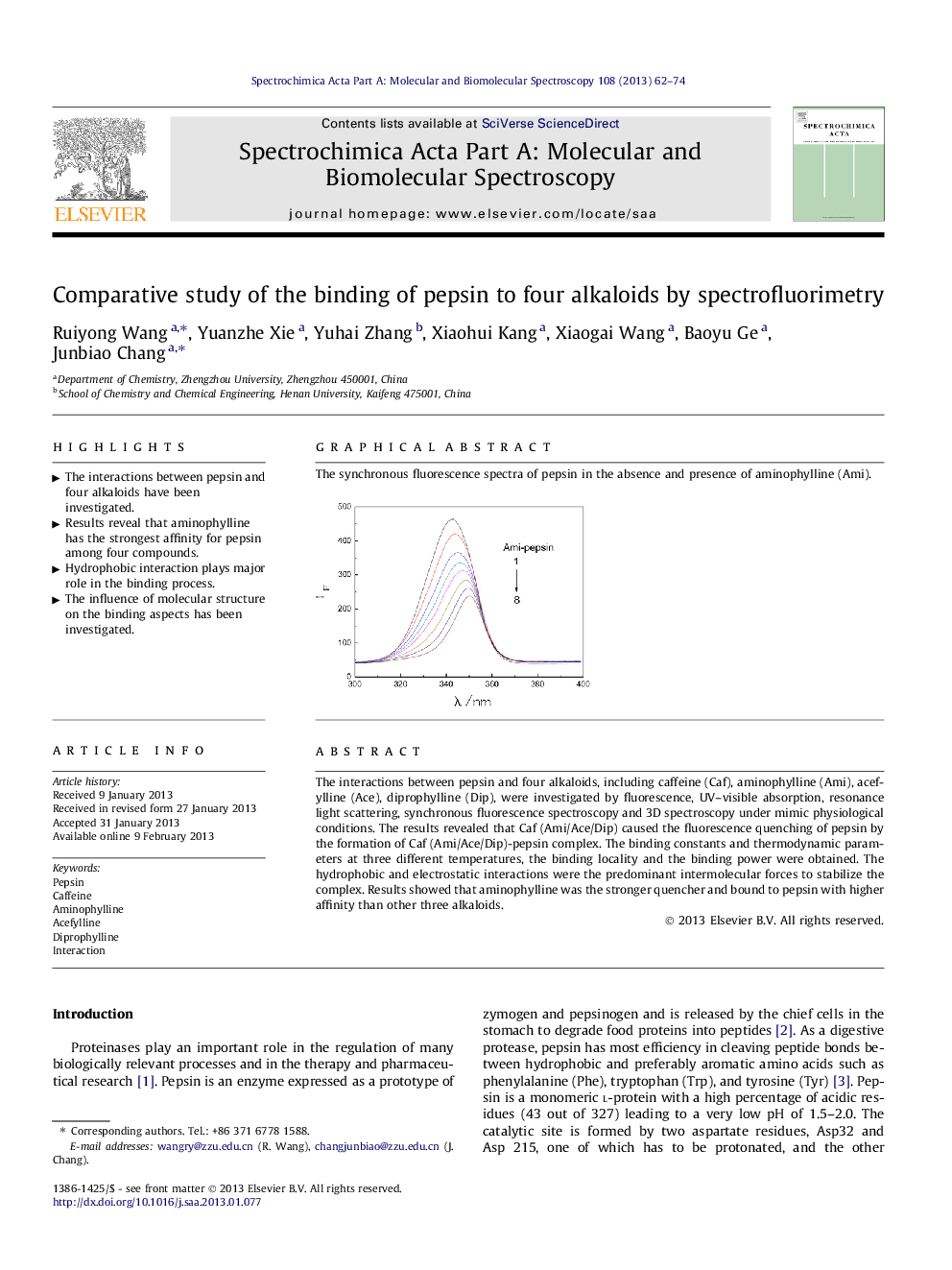 Comparative study of the binding of pepsin to four alkaloids by spectrofluorimetry