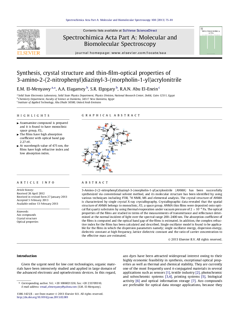 Synthesis, crystal structure and thin-film-optical properties of 3-amino-2-(2-nitrophenyl)diazinyl-3-(morpholin-1-yl)acrylonitrile