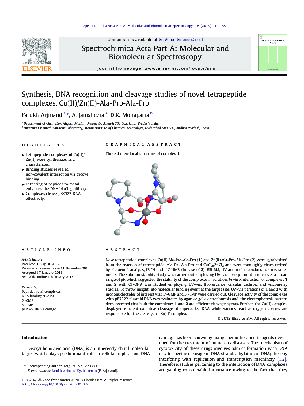 Synthesis, DNA recognition and cleavage studies of novel tetrapeptide complexes, Cu(II)/Zn(II)-Ala-Pro-Ala-Pro