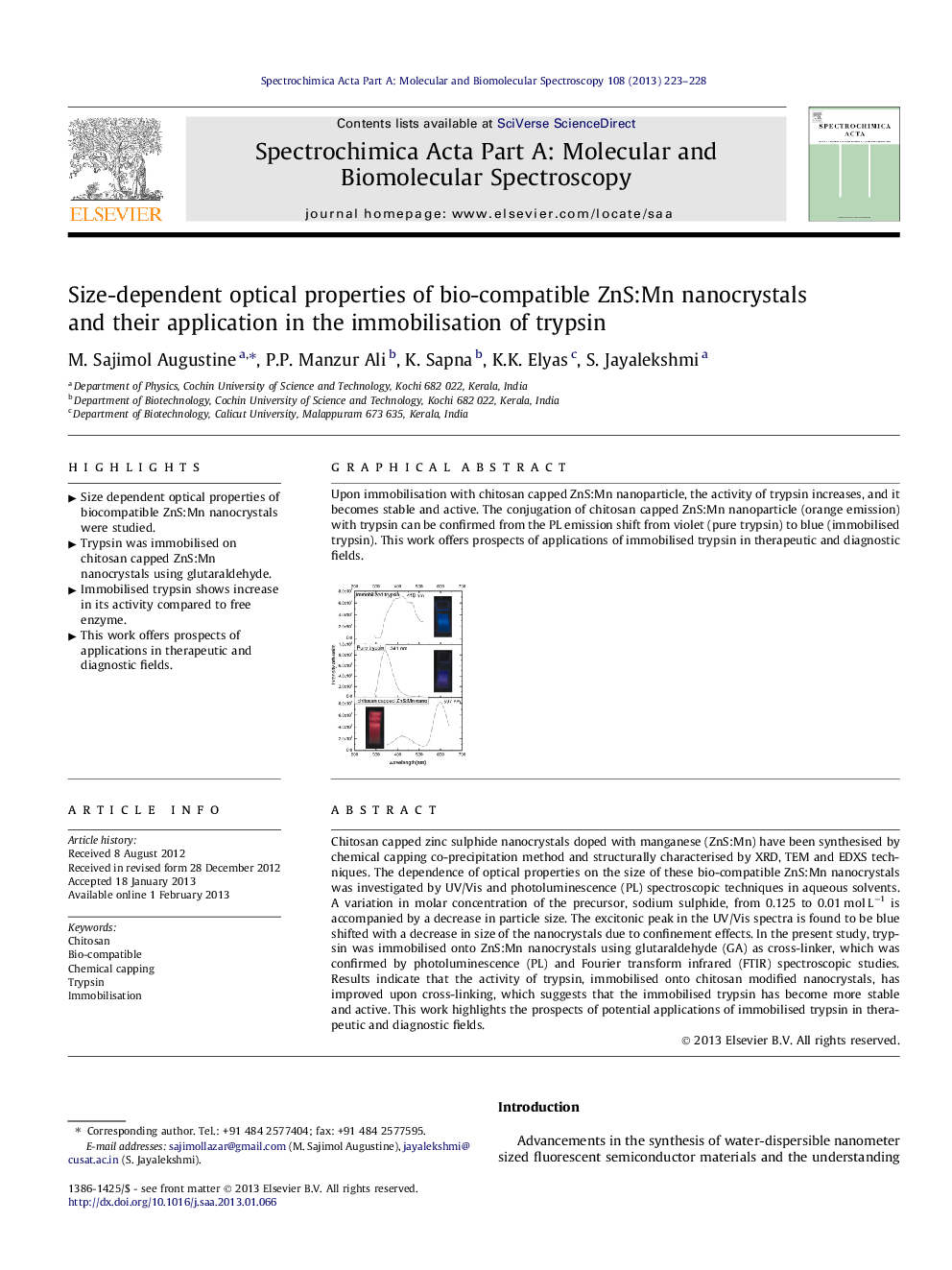 Size-dependent optical properties of bio-compatible ZnS:Mn nanocrystals and their application in the immobilisation of trypsin