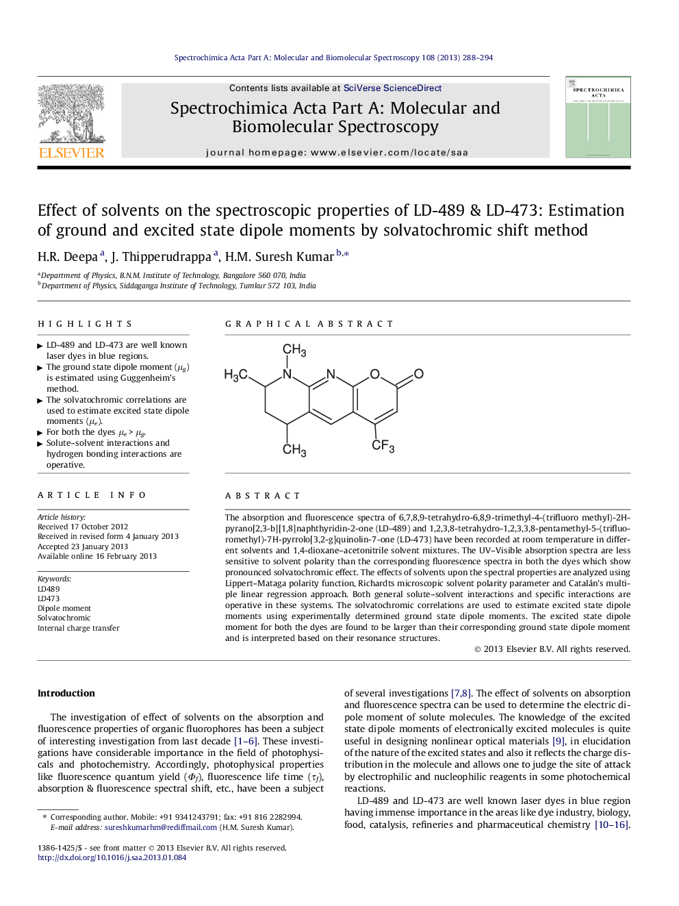 Effect of solvents on the spectroscopic properties of LD-489 & LD-473: Estimation of ground and excited state dipole moments by solvatochromic shift method