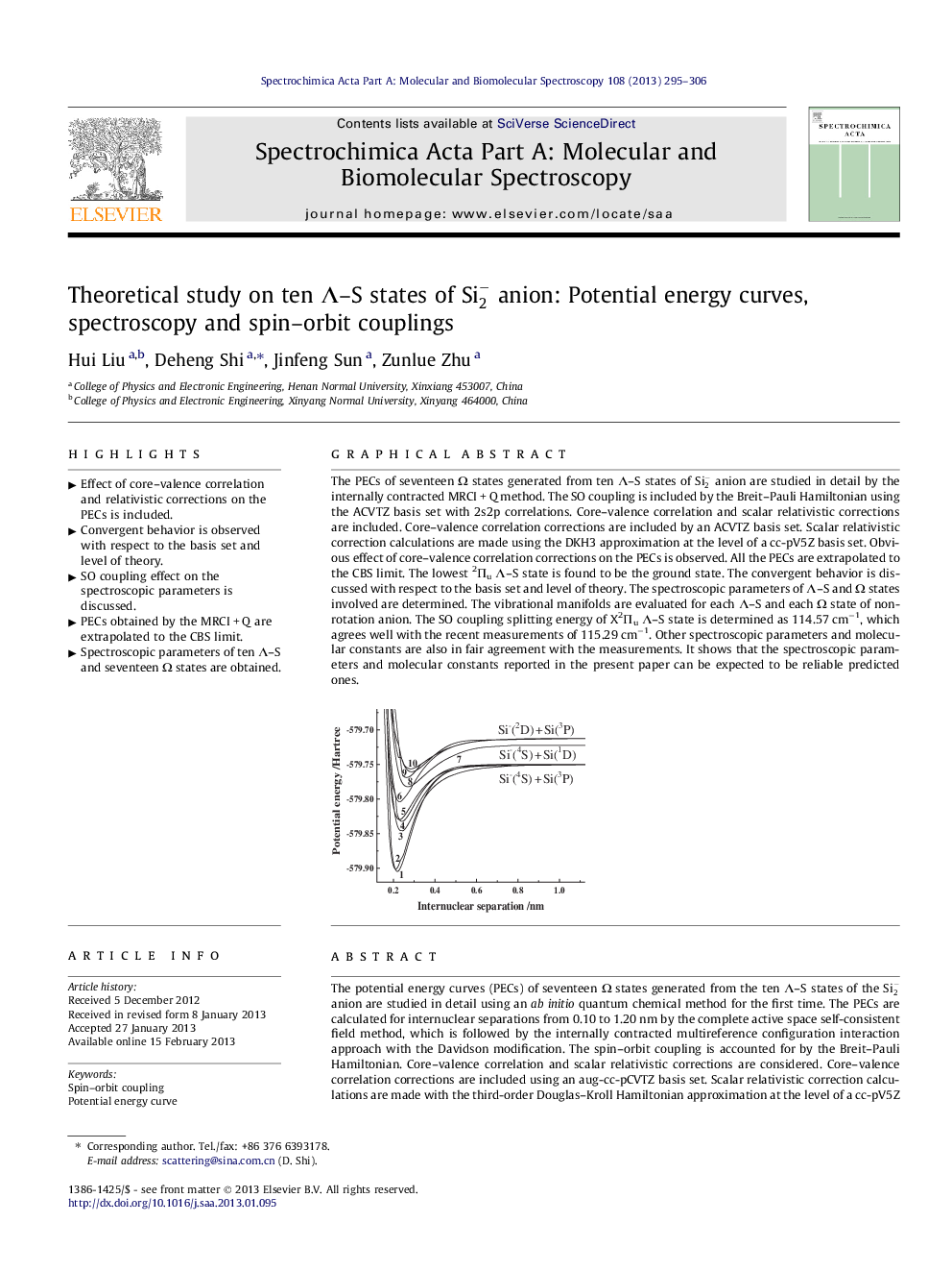 Theoretical study on ten Λ–S states of Si2- anion: Potential energy curves, spectroscopy and spin–orbit couplings