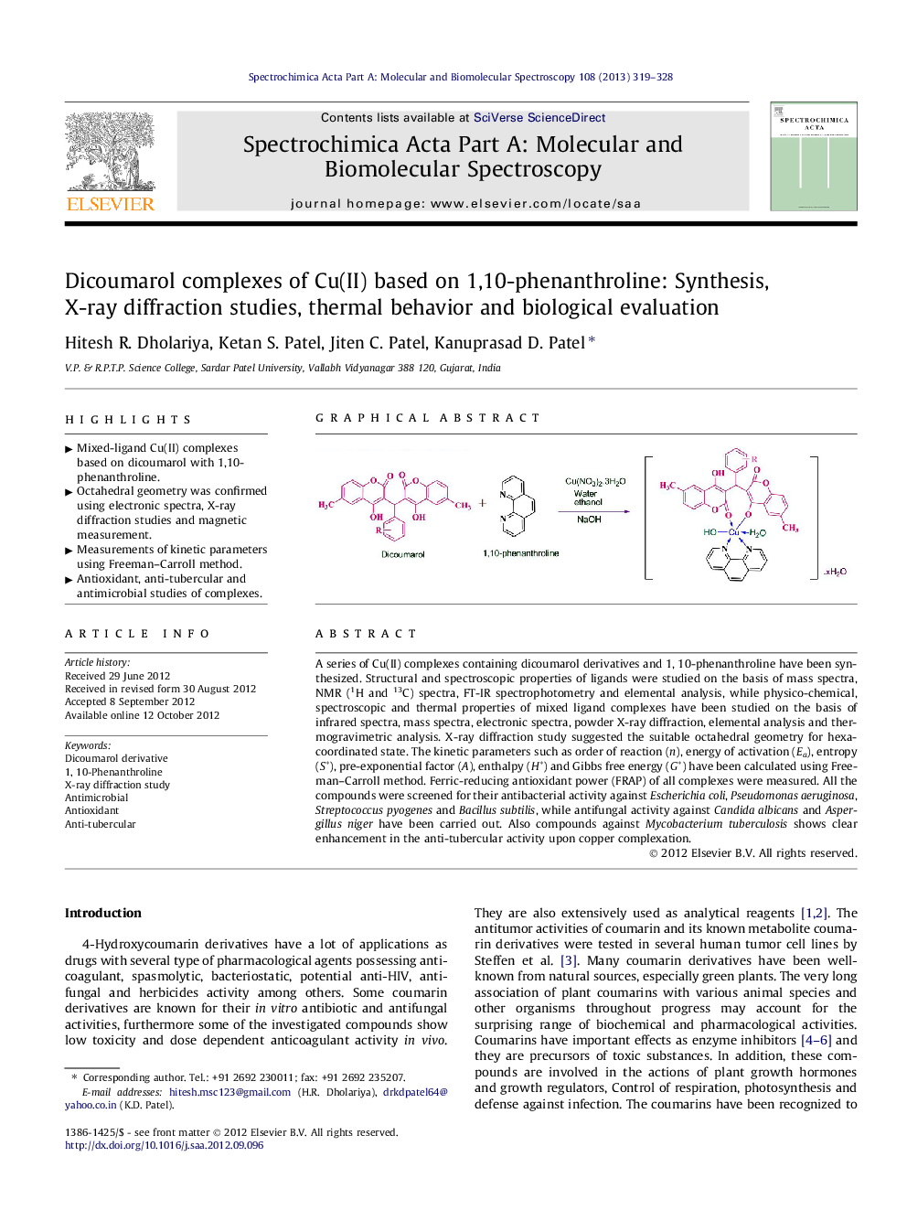 Dicoumarol complexes of Cu(II) based on 1,10-phenanthroline: Synthesis, X-ray diffraction studies, thermal behavior and biological evaluation