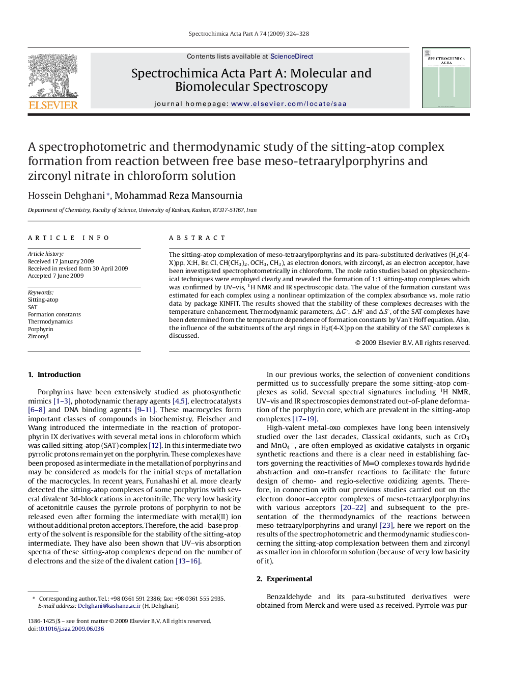 A spectrophotometric and thermodynamic study of the sitting-atop complex formation from reaction between free base meso-tetraarylporphyrins and zirconyl nitrate in chloroform solution