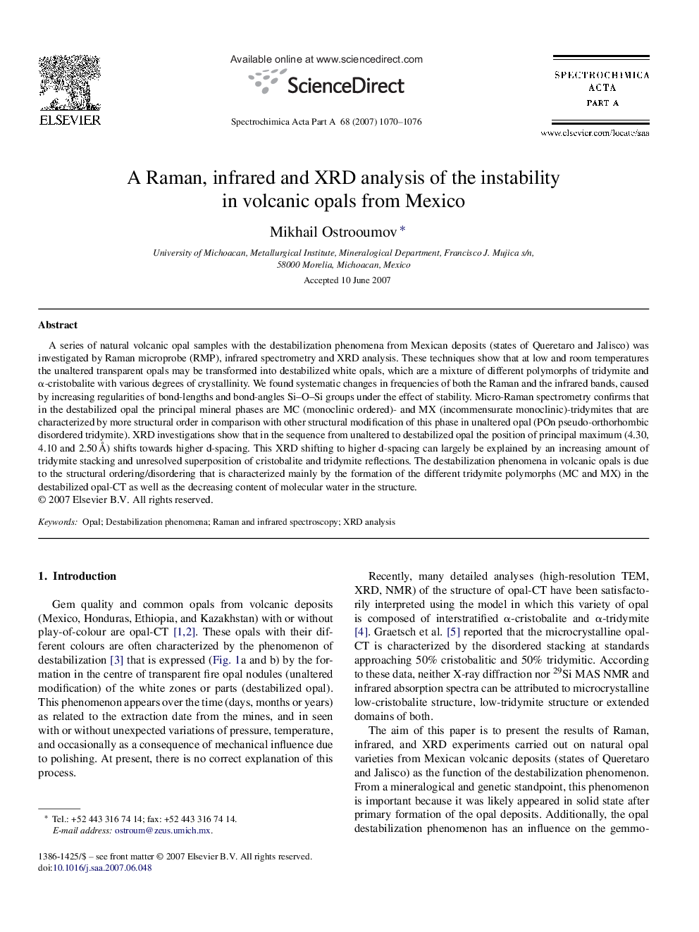 A Raman, infrared and XRD analysis of the instability in volcanic opals from Mexico