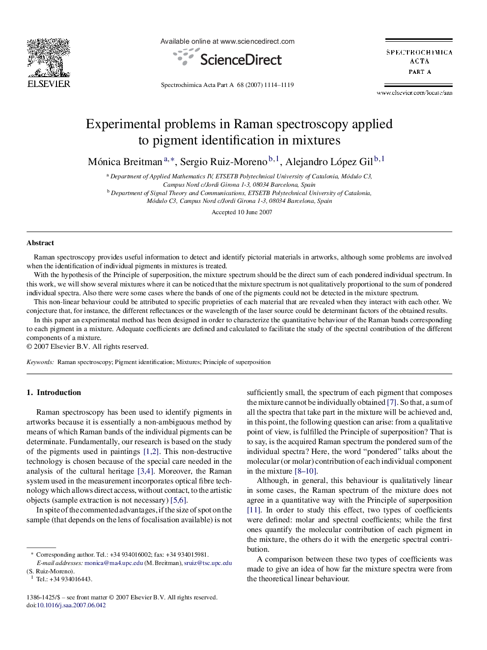 Experimental problems in Raman spectroscopy applied to pigment identification in mixtures