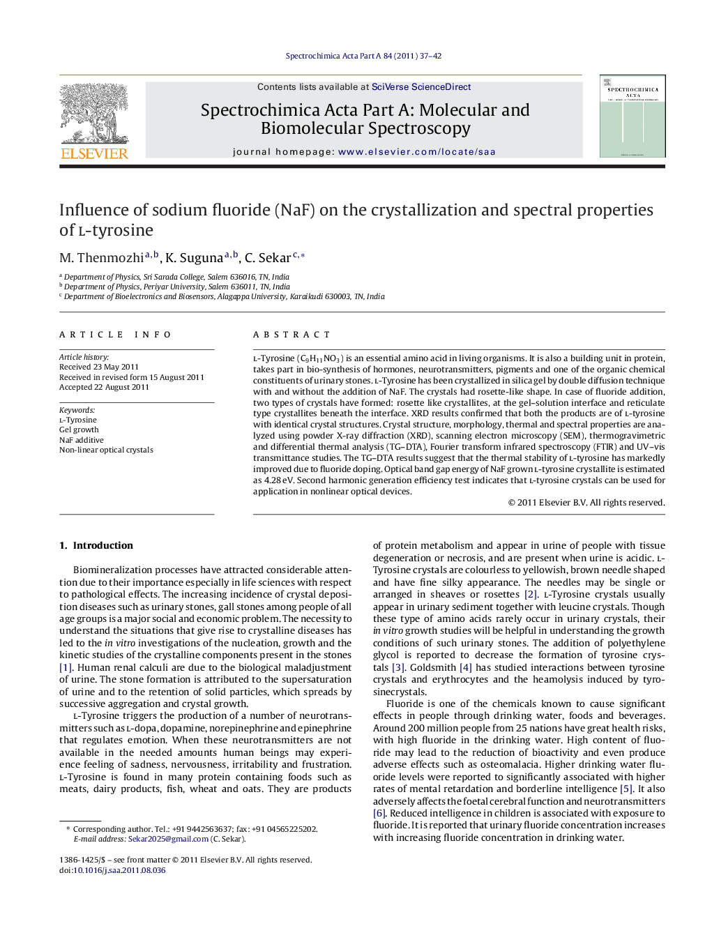 Influence of sodium fluoride (NaF) on the crystallization and spectral properties of l-tyrosine