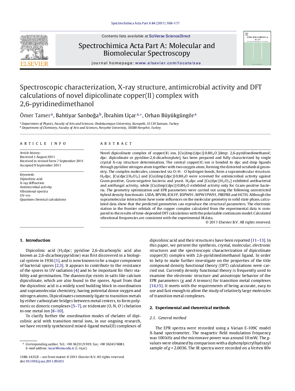 Spectroscopic characterization, X-ray structure, antimicrobial activity and DFT calculations of novel dipicolinate copper(II) complex with 2,6-pyridinedimethanol