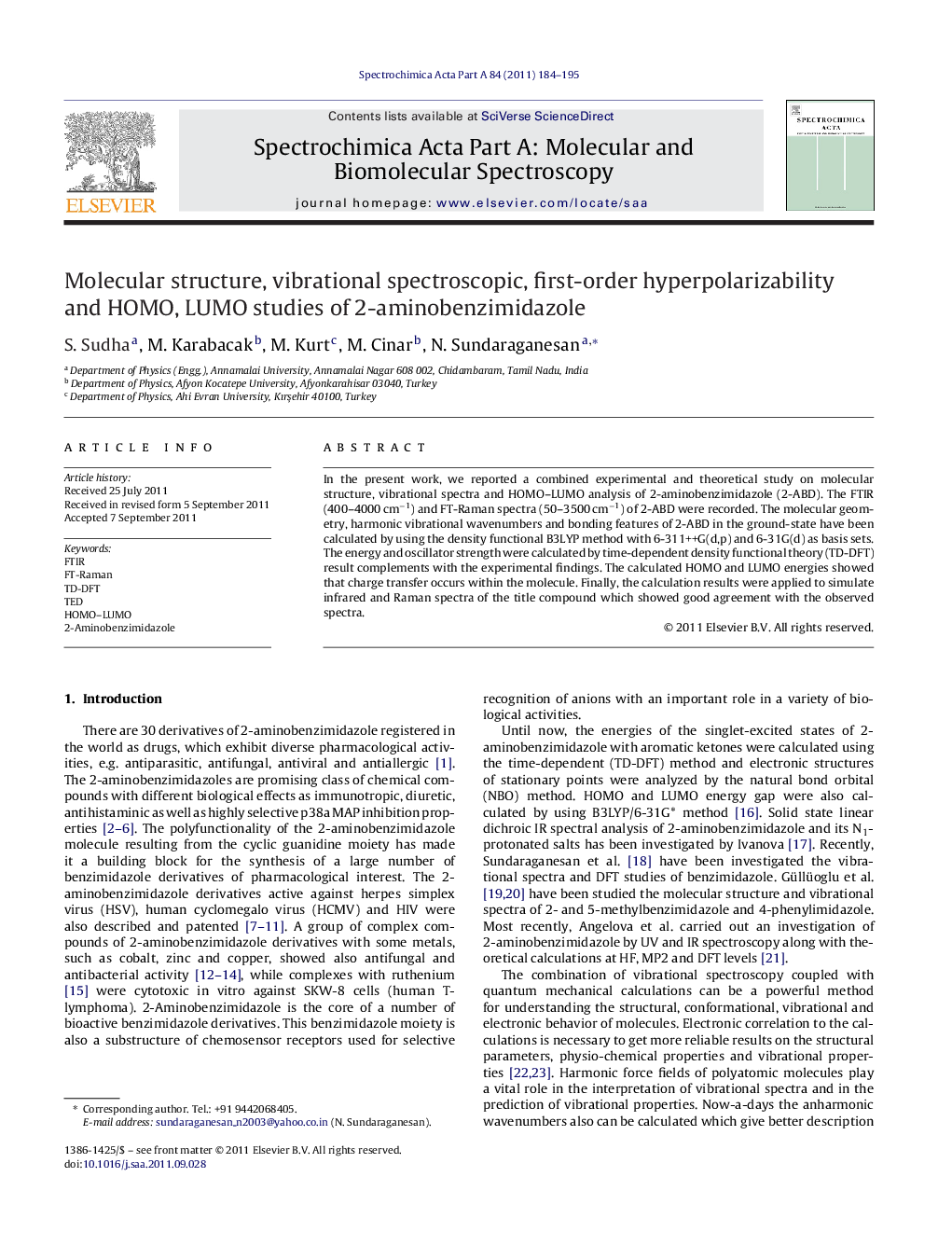 Molecular structure, vibrational spectroscopic, first-order hyperpolarizability and HOMO, LUMO studies of 2-aminobenzimidazole