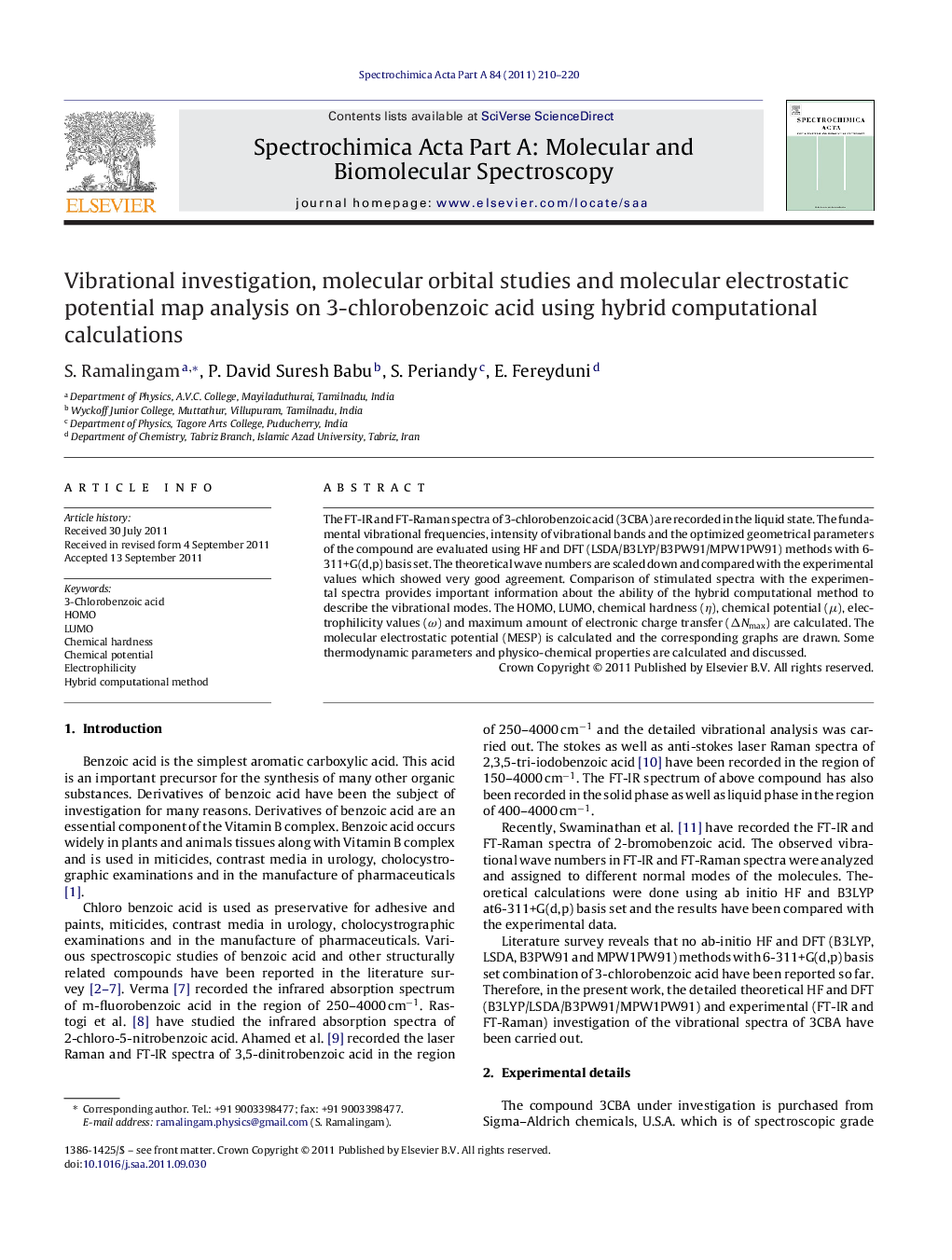 Vibrational investigation, molecular orbital studies and molecular electrostatic potential map analysis on 3-chlorobenzoic acid using hybrid computational calculations