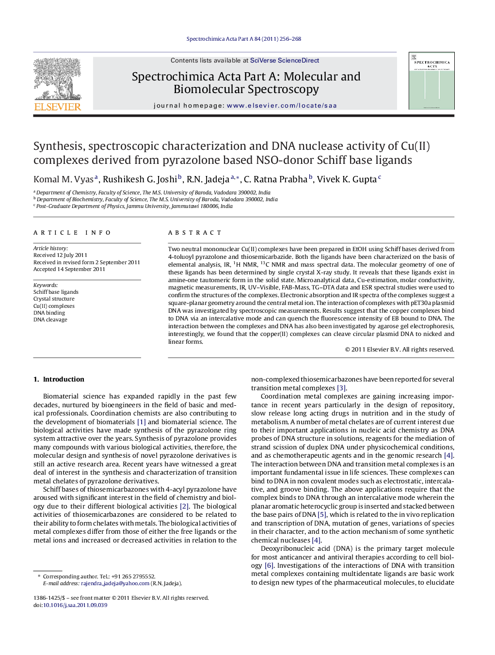 Synthesis, spectroscopic characterization and DNA nuclease activity of Cu(II) complexes derived from pyrazolone based NSO-donor Schiff base ligands