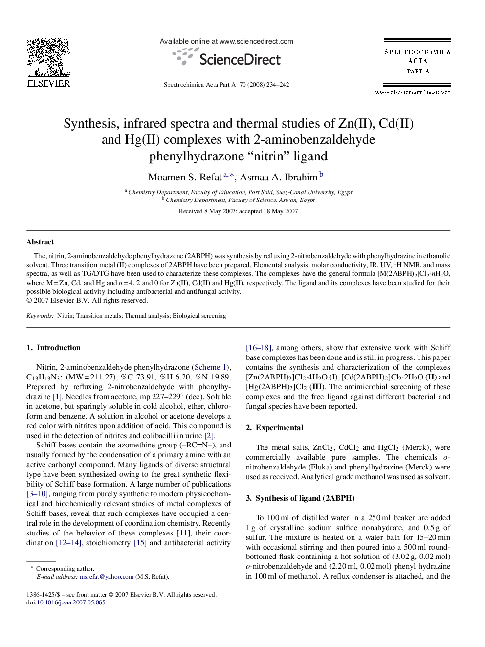 Synthesis, infrared spectra and thermal studies of Zn(II), Cd(II) and Hg(II) complexes with 2-aminobenzaldehyde phenylhydrazone “nitrin” ligand