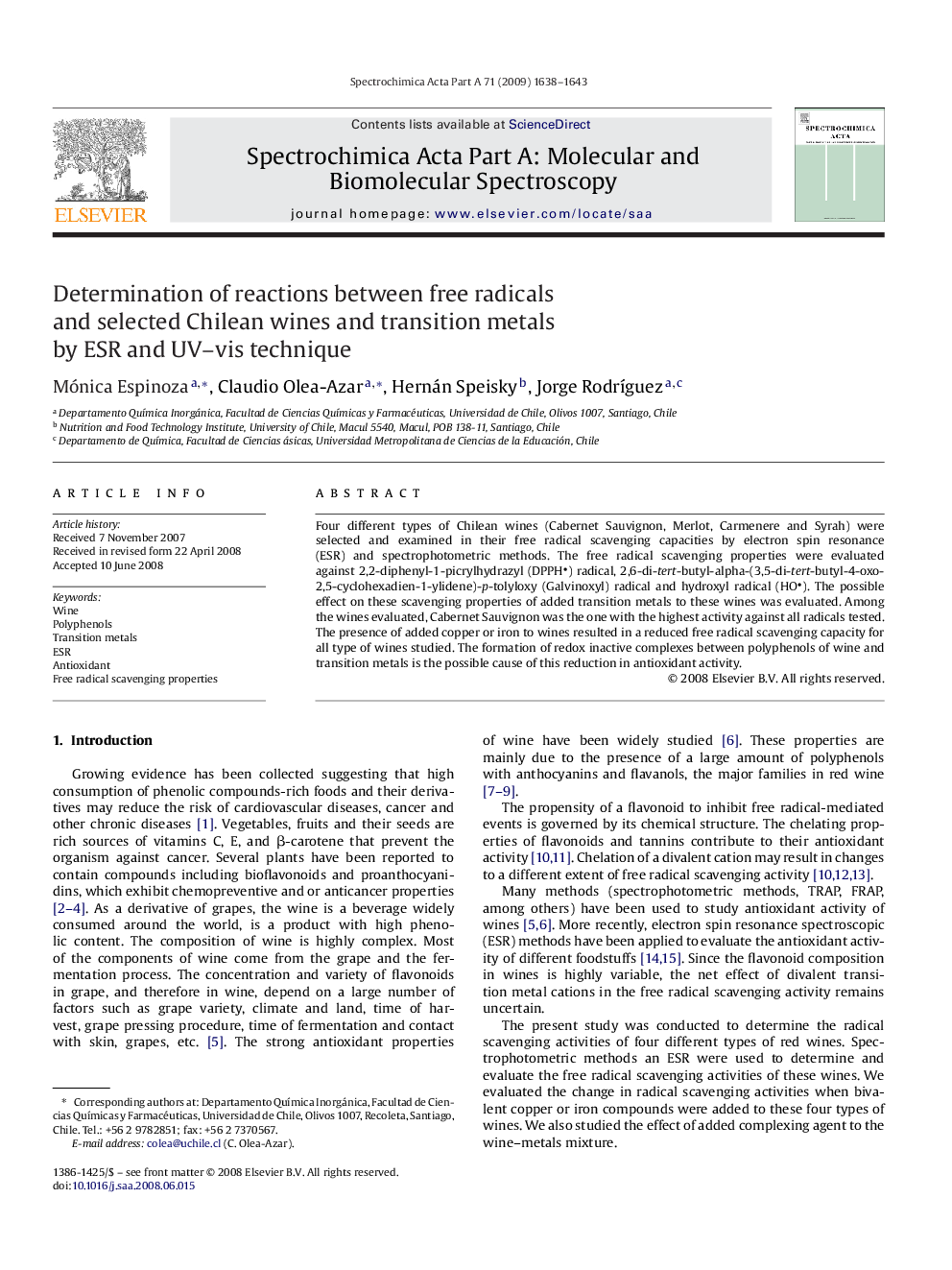 Determination of reactions between free radicals and selected Chilean wines and transition metals by ESR and UV–vis technique