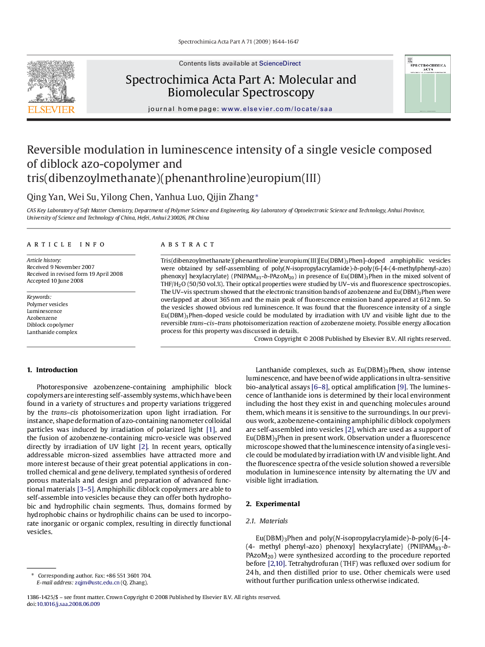 Reversible modulation in luminescence intensity of a single vesicle composed of diblock azo-copolymer and tris(dibenzoylmethanate)(phenanthroline)europium(III)