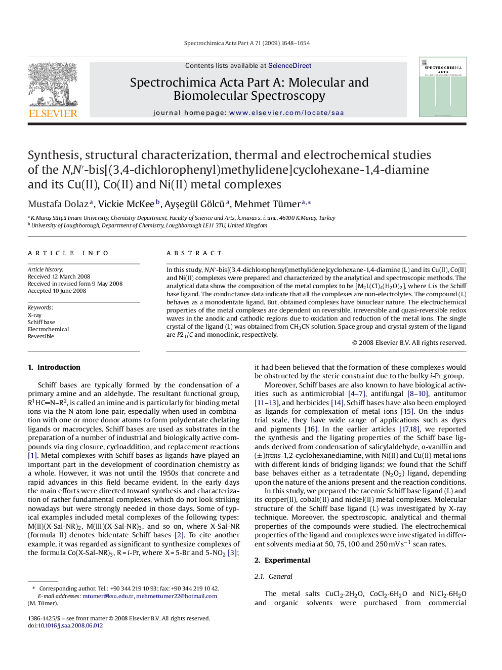 Synthesis, structural characterization, thermal and electrochemical studies of the N,N′-bis[(3,4-dichlorophenyl)methylidene]cyclohexane-1,4-diamine and its Cu(II), Co(II) and Ni(II) metal complexes