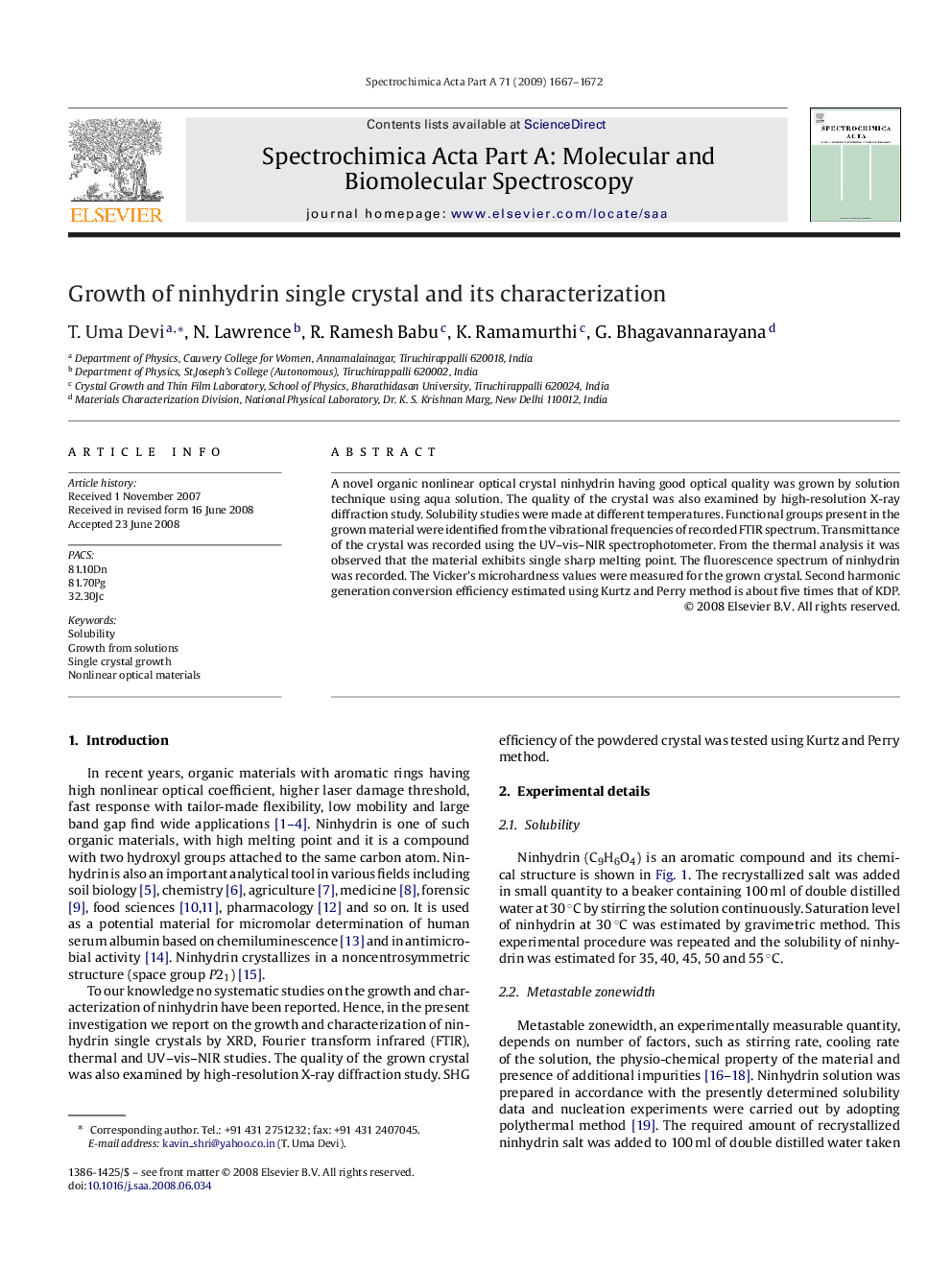 Growth of ninhydrin single crystal and its characterization