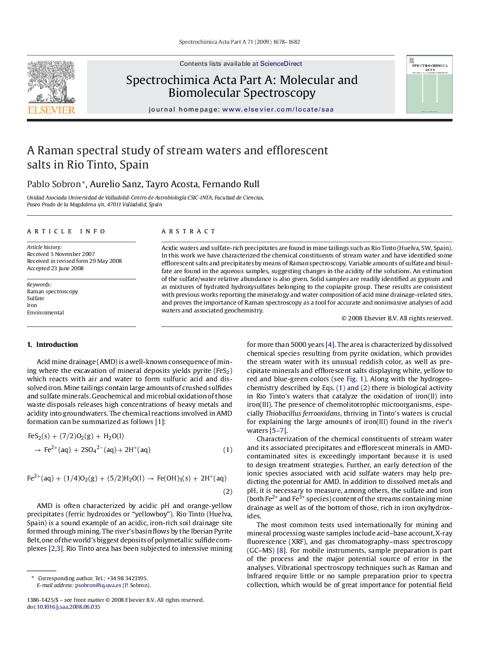 A Raman spectral study of stream waters and efflorescent salts in Rio Tinto, Spain