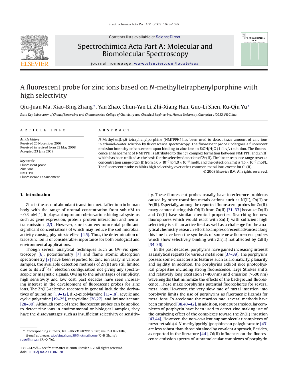 A fluorescent probe for zinc ions based on N-methyltetraphenylporphine with high selectivity