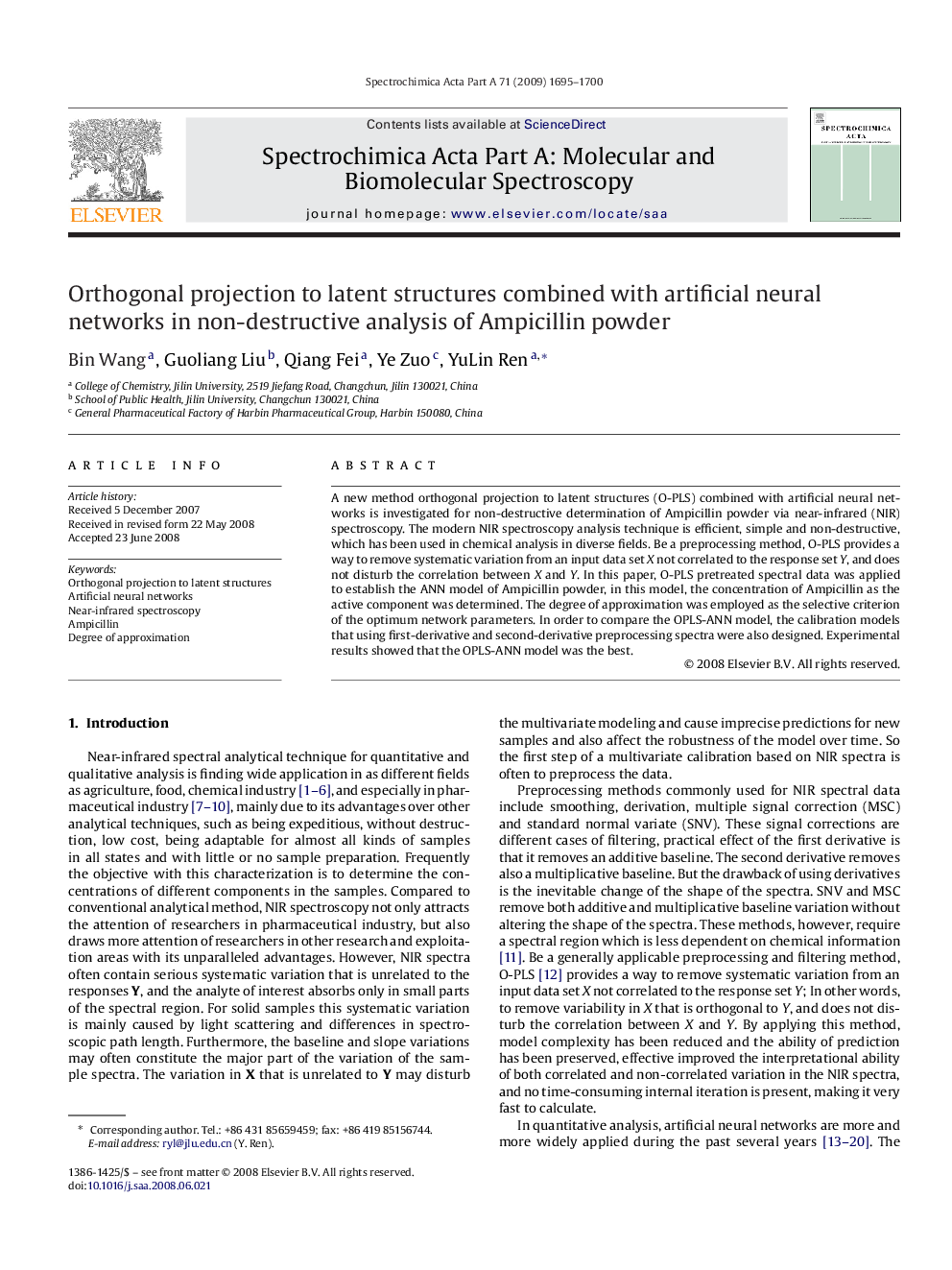 Orthogonal projection to latent structures combined with artificial neural networks in non-destructive analysis of Ampicillin powder