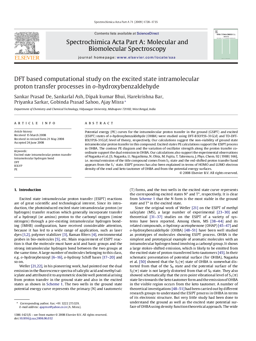 DFT based computational study on the excited state intramolecular proton transfer processes in o-hydroxybenzaldehyde