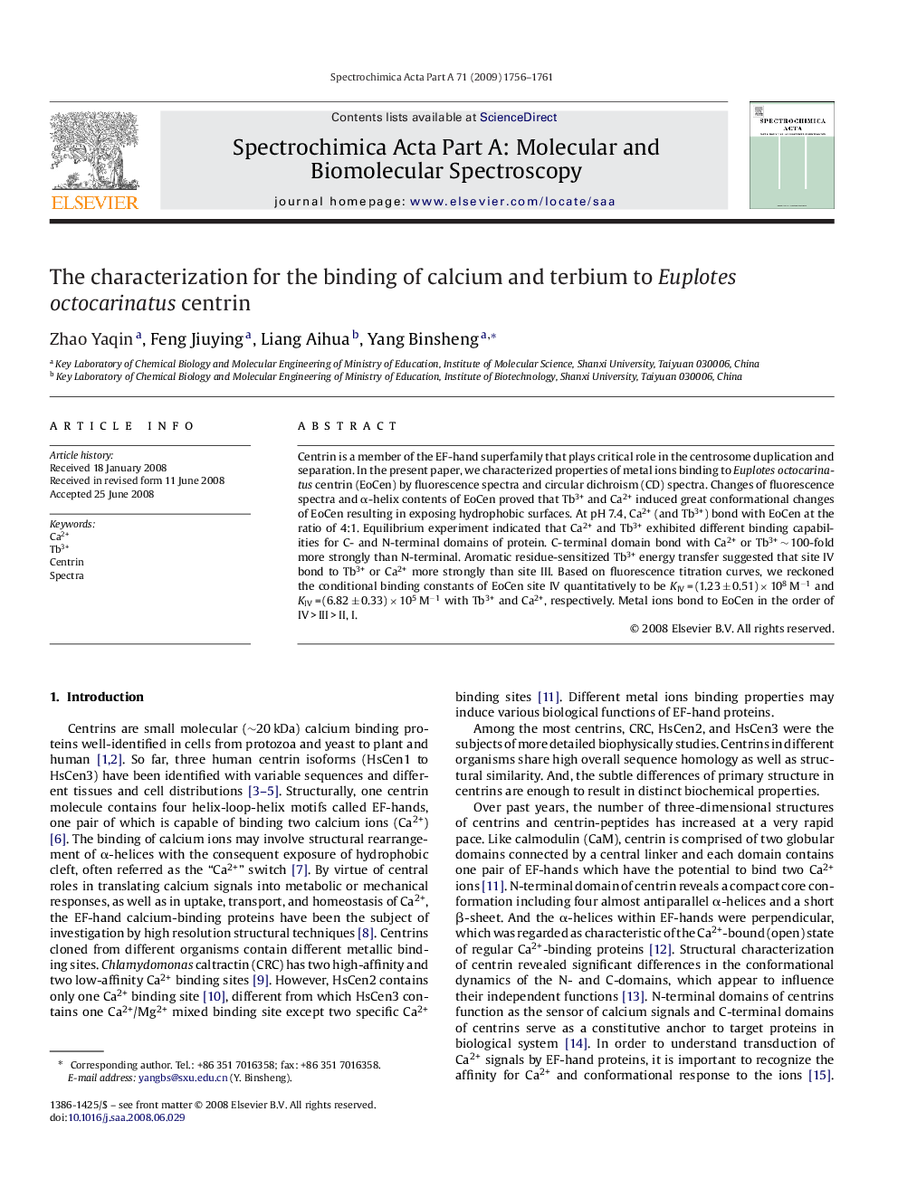 The characterization for the binding of calcium and terbium to Euplotes octocarinatus centrin