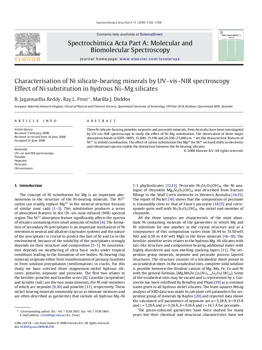 Characterisation of Ni silicate-bearing minerals by UV–vis–NIR spectroscopy: Effect of Ni substitution in hydrous Ni–Mg silicates