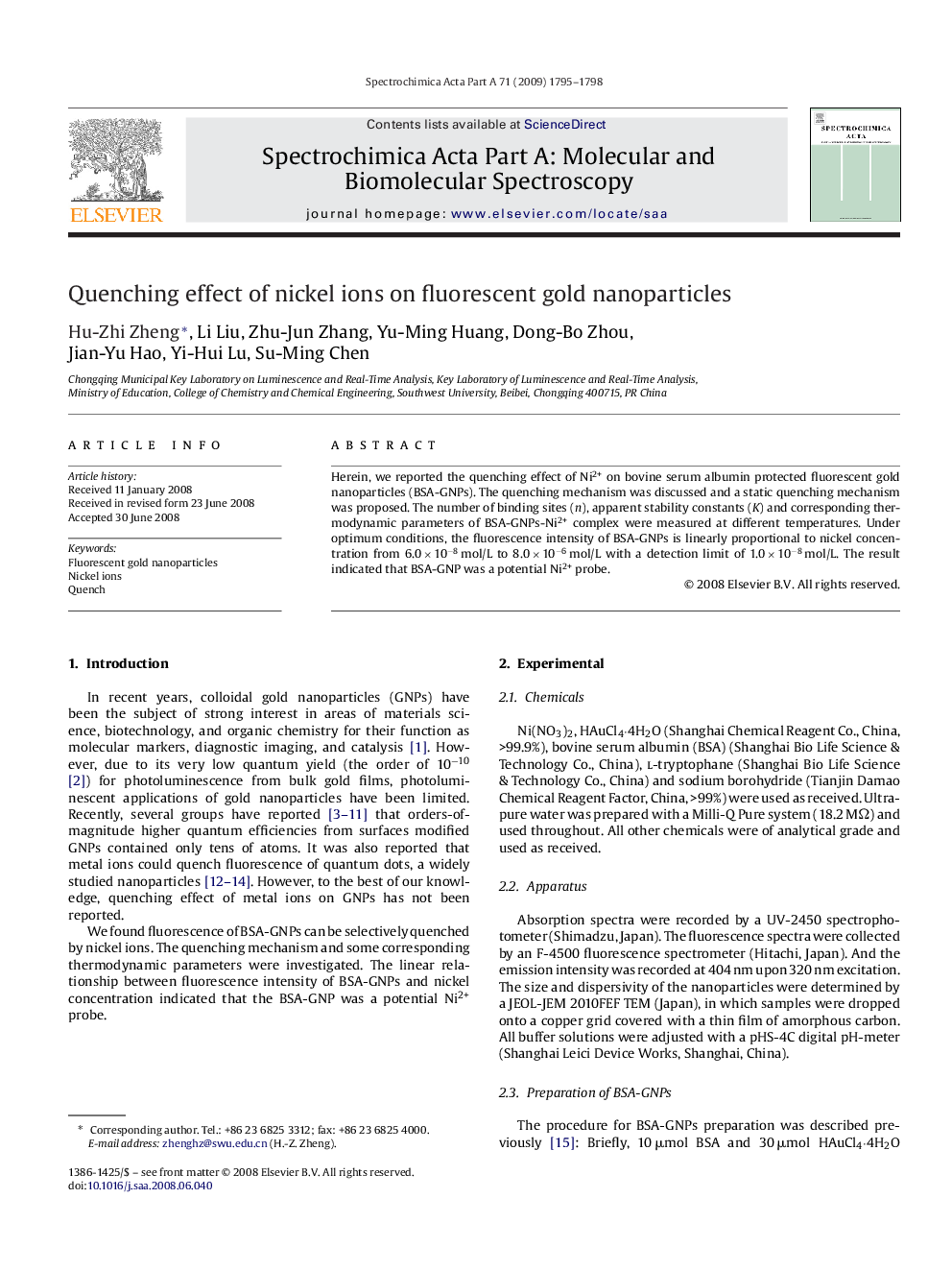 Quenching effect of nickel ions on fluorescent gold nanoparticles