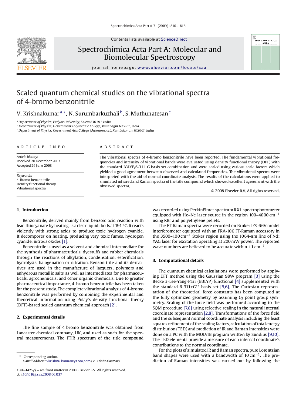 Scaled quantum chemical studies on the vibrational spectra of 4-bromo benzonitrile