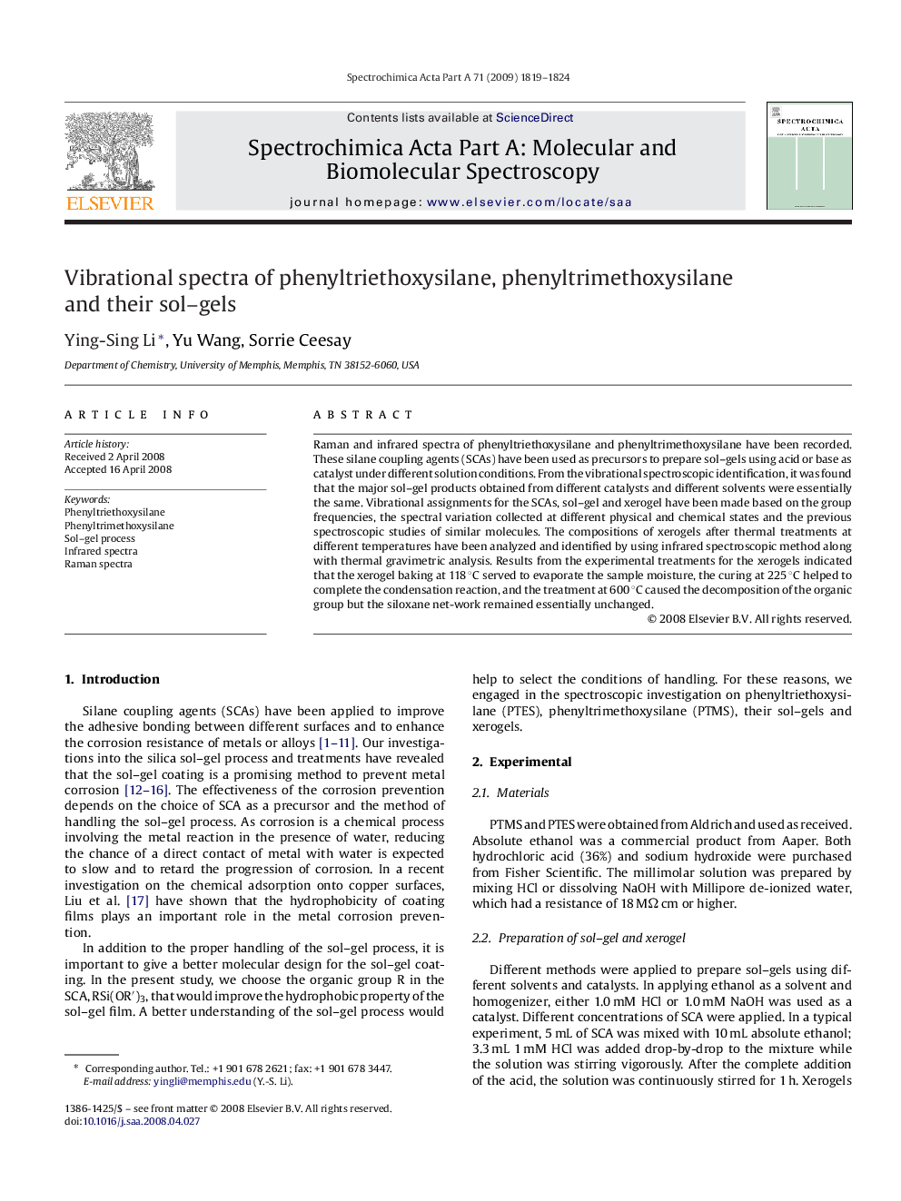 Vibrational spectra of phenyltriethoxysilane, phenyltrimethoxysilane and their sol–gels