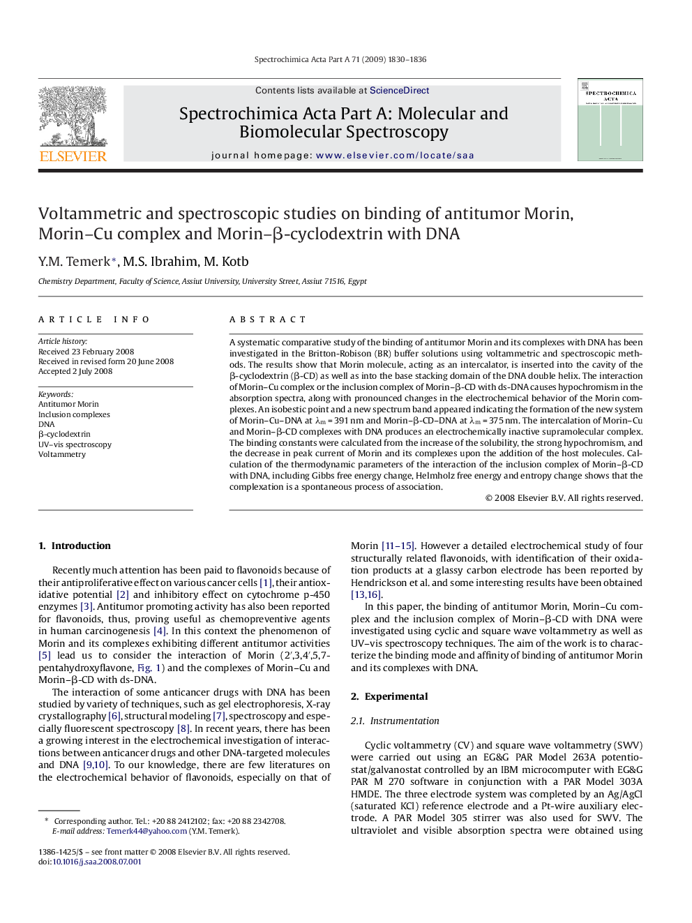 Voltammetric and spectroscopic studies on binding of antitumor Morin, Morin–Cu complex and Morin–β-cyclodextrin with DNA