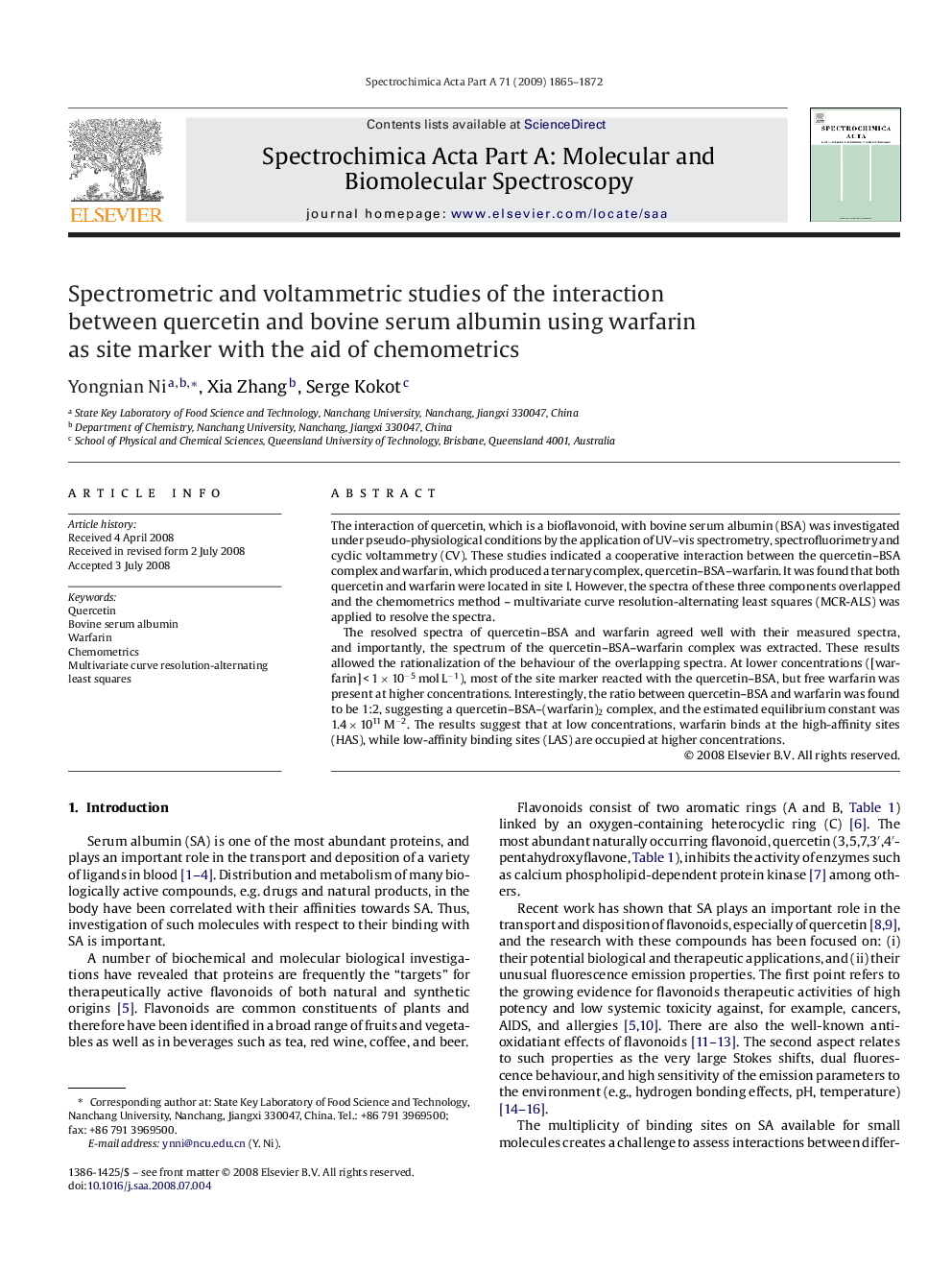 Spectrometric and voltammetric studies of the interaction between quercetin and bovine serum albumin using warfarin as site marker with the aid of chemometrics