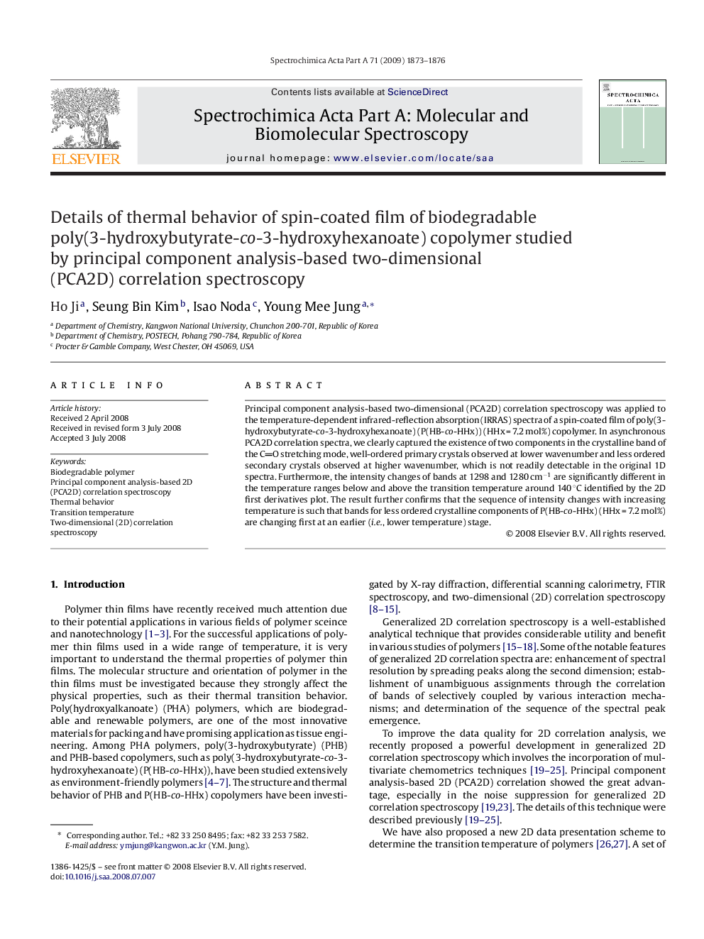 Details of thermal behavior of spin-coated film of biodegradable poly(3-hydroxybutyrate-co-3-hydroxyhexanoate) copolymer studied by principal component analysis-based two-dimensional (PCA2D) correlation spectroscopy