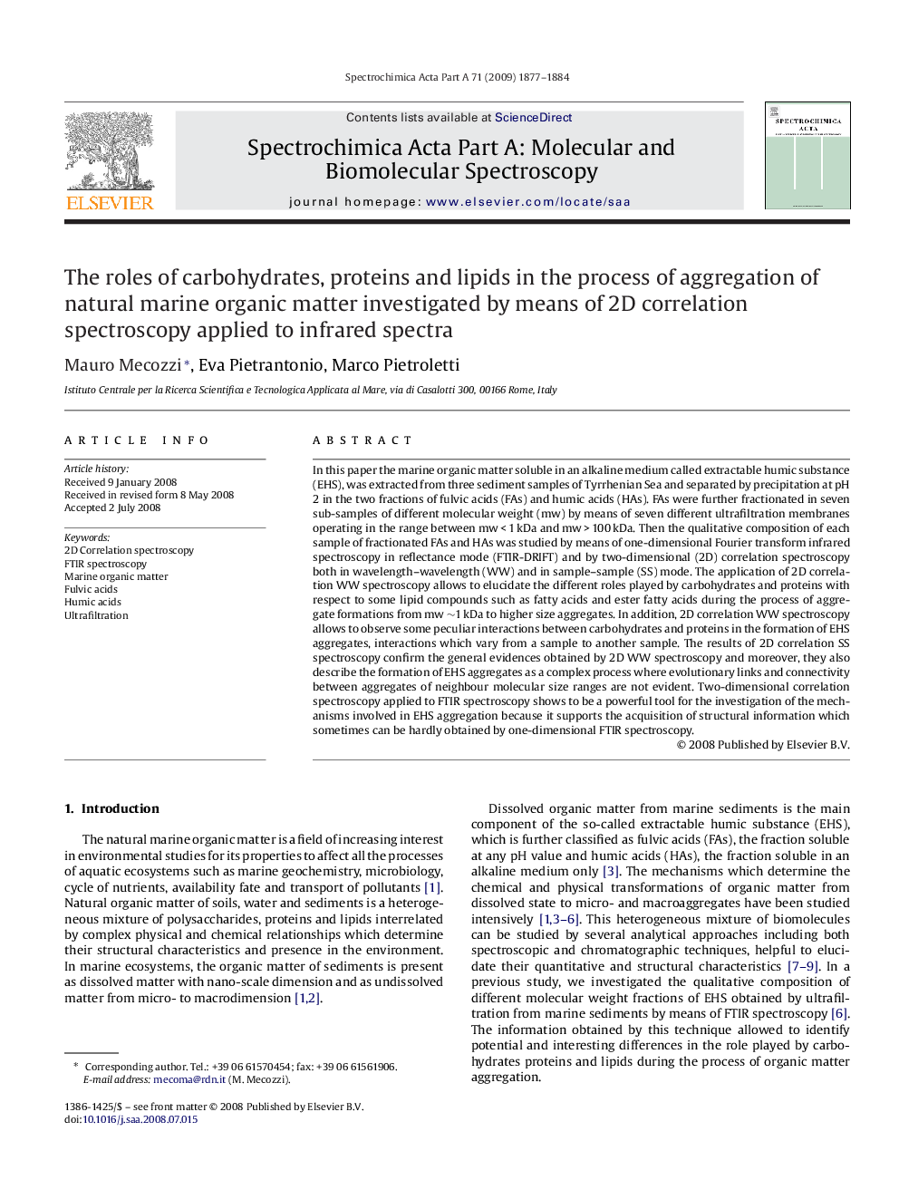 The roles of carbohydrates, proteins and lipids in the process of aggregation of natural marine organic matter investigated by means of 2D correlation spectroscopy applied to infrared spectra