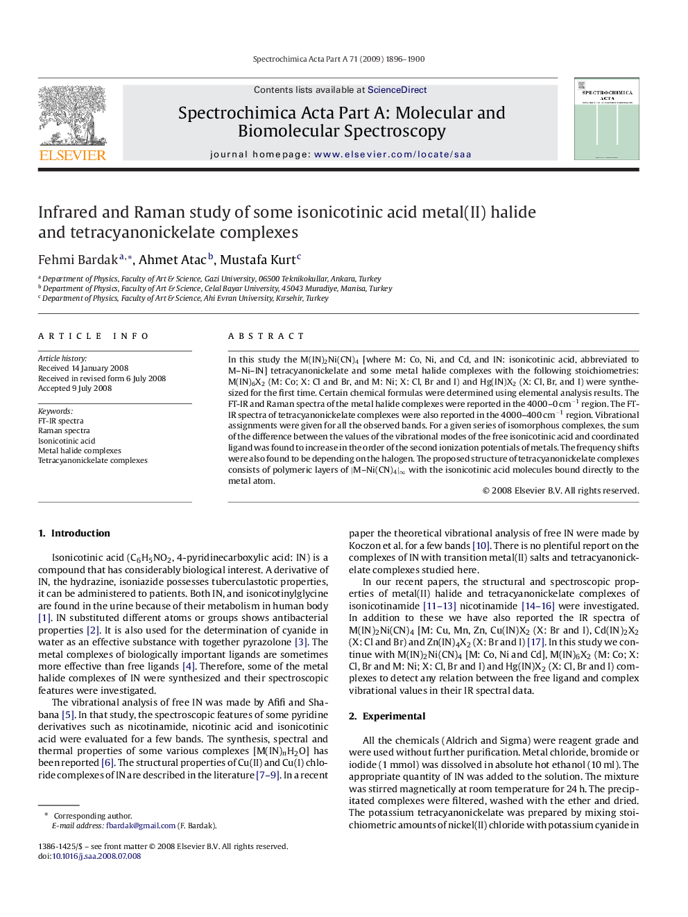 Infrared and Raman study of some isonicotinic acid metal(II) halide and tetracyanonickelate complexes