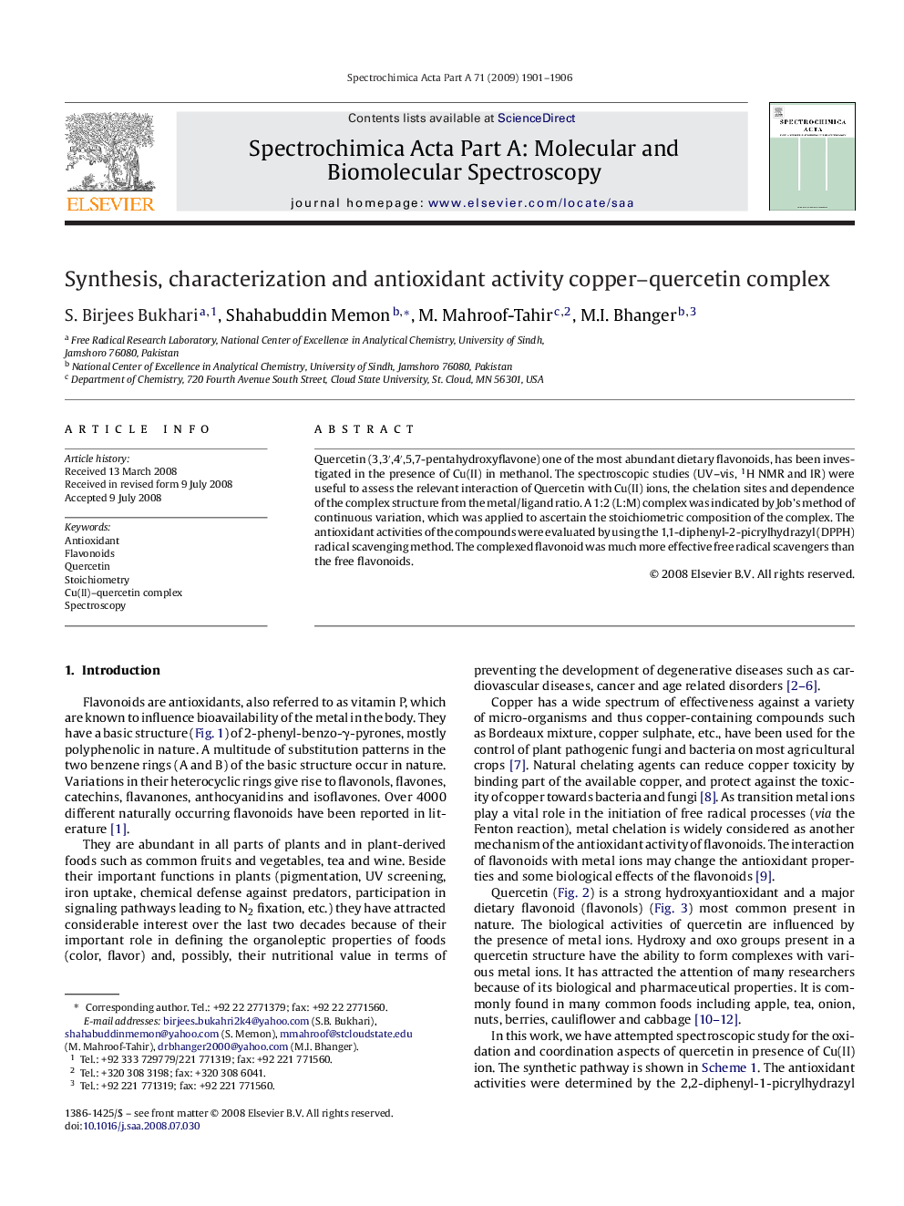 Synthesis, characterization and antioxidant activity copper–quercetin complex