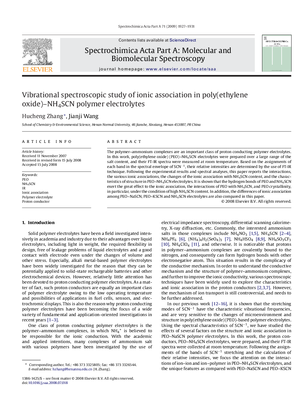 Vibrational spectroscopic study of ionic association in poly(ethylene oxide)–NH4SCN polymer electrolytes