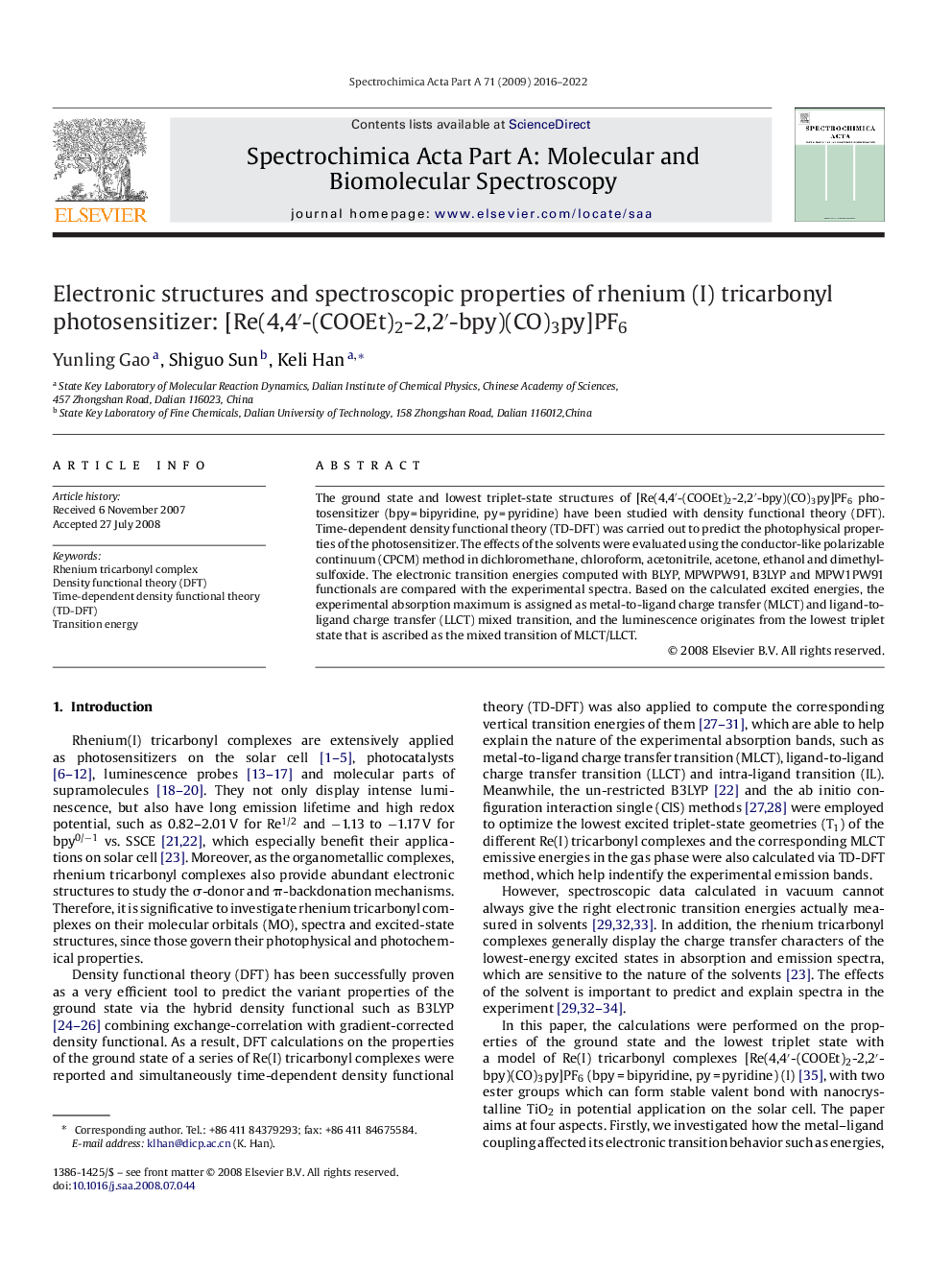 Electronic structures and spectroscopic properties of rhenium (I) tricarbonyl photosensitizer: [Re(4,4′-(COOEt)2-2,2′-bpy)(CO)3py]PF6