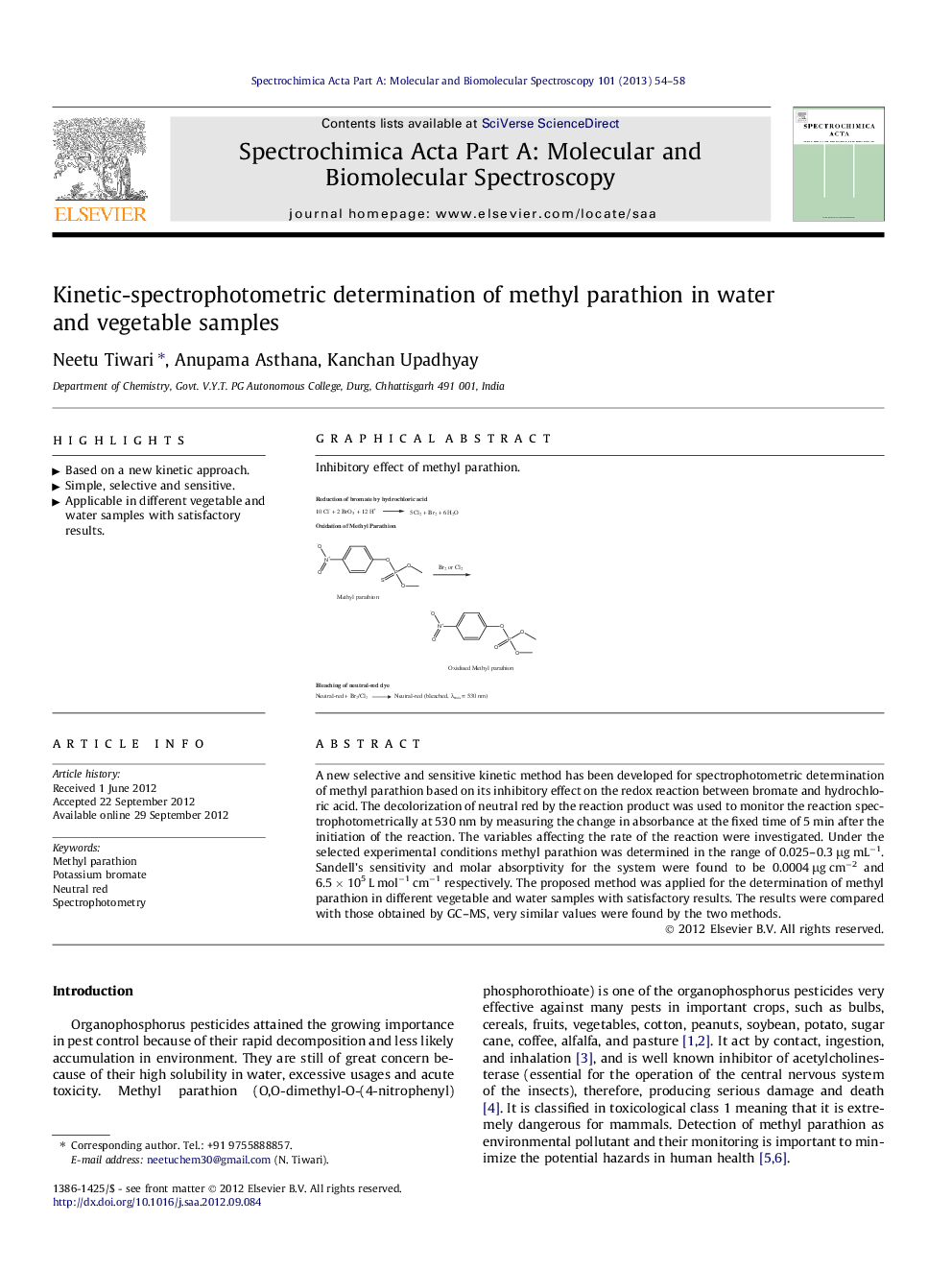 Kinetic-spectrophotometric determination of methyl parathion in water and vegetable samples