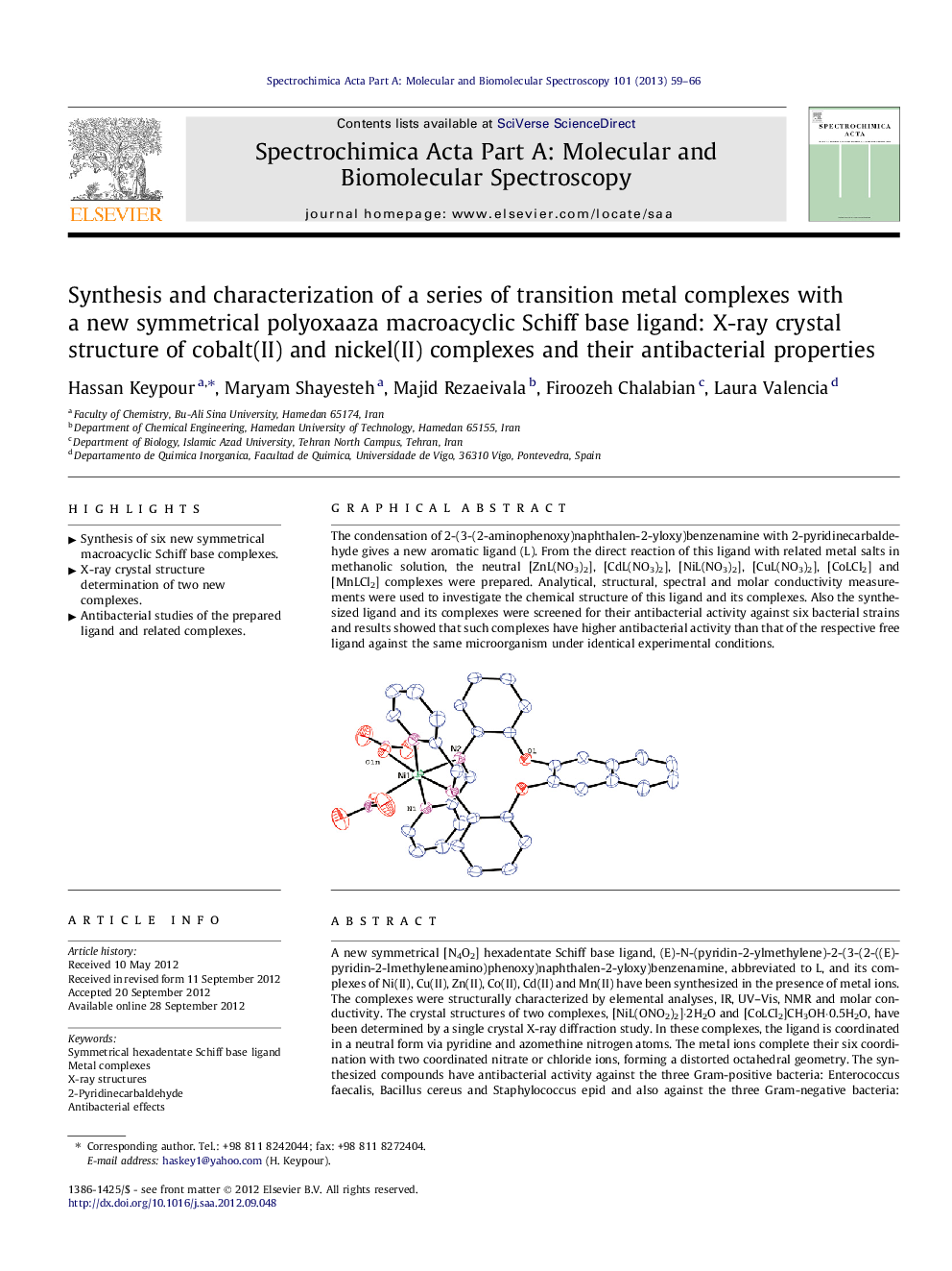 Synthesis and characterization of a series of transition metal complexes with a new symmetrical polyoxaaza macroacyclic Schiff base ligand: X-ray crystal structure of cobalt(II) and nickel(II) complexes and their antibacterial properties